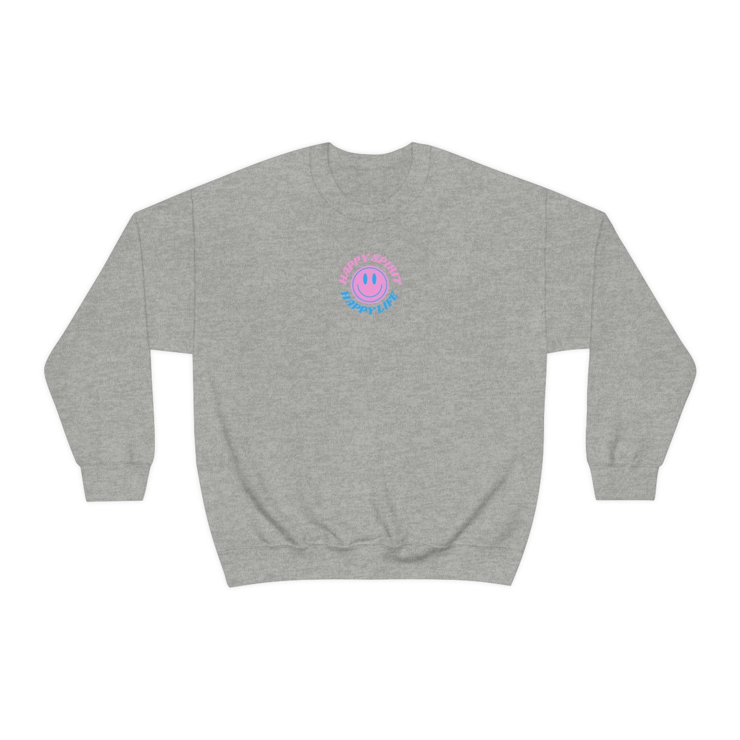 Happy Spirit Happy Life Sweatshirt, Gildan VSCO Girl Crewneck, Oversized Tumblr Front Back Print Smile Happy Mind Trendy Retro Font Surf