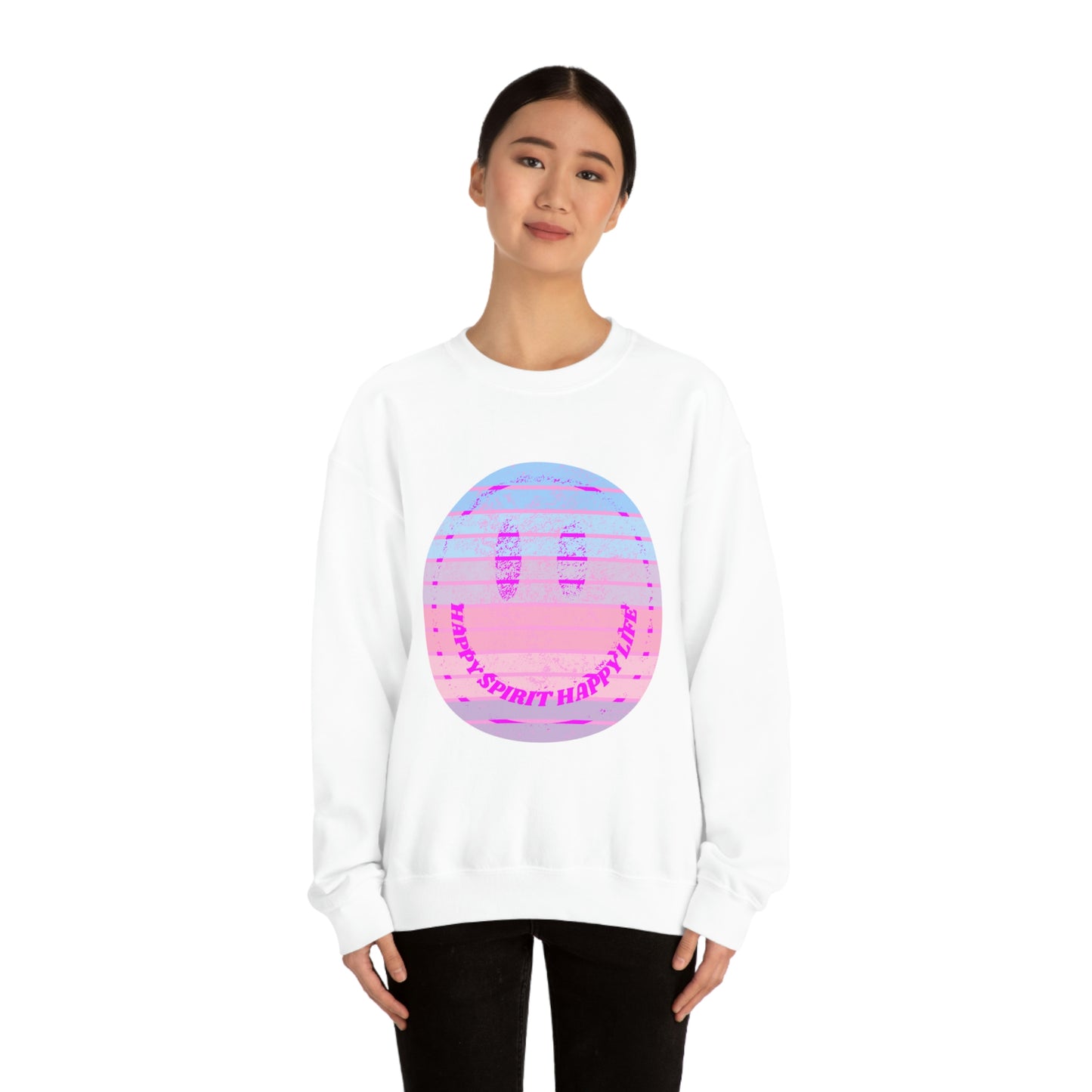 Happy Spirit Happy Life Sweatshirt, VSCO Girl Crewneck, Oversized Retro Font Graphic Tumblr, Front Print Smile Face Trendy Cover Up