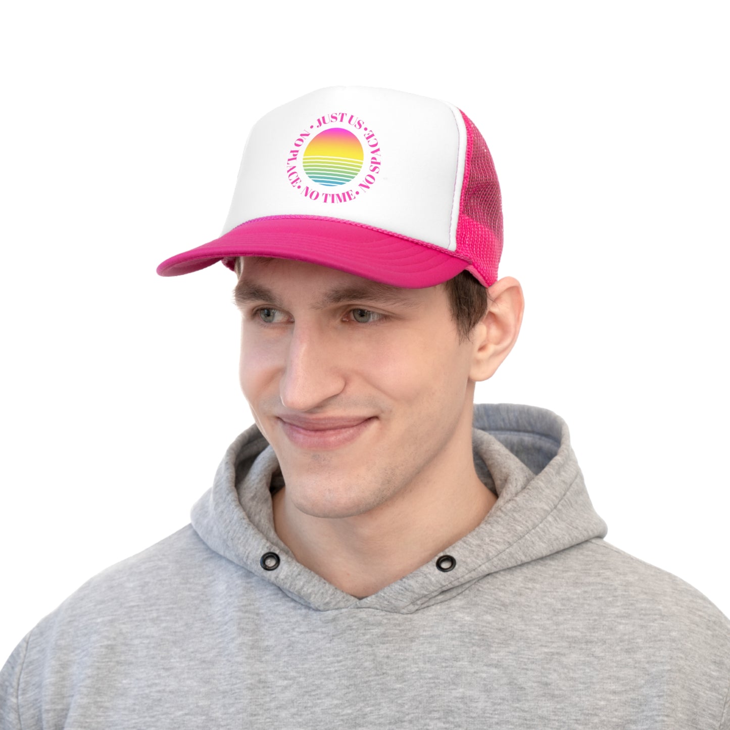 Aesthetic Hat, Smile Tumblr hat, Trendy Oversized hat, Vsco, Pink Graphic Trucker Hat, Baseball Hat, No Space, No Place, No Time, Just Us