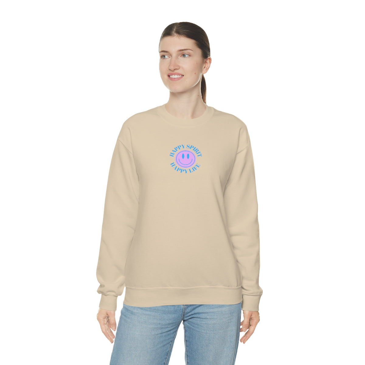 Happy Spirit Happy Life Sweatshirt, Gildan VSCO Girl Crewneck, Oversized Tumblr Front Back Print Smile Happy Mind Trendy Beach Lake Cover Up
