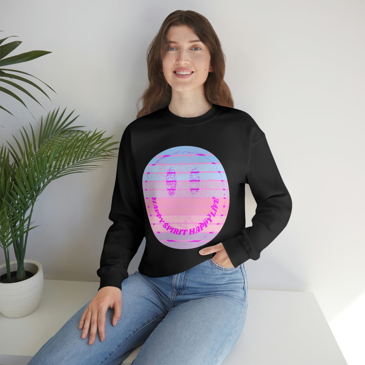 Happy Spirit Happy Life Sweatshirt, VSCO Girl Crewneck, Oversized Retro Font Graphic Tumblr, Front Print Smile Face Trendy Cover Up