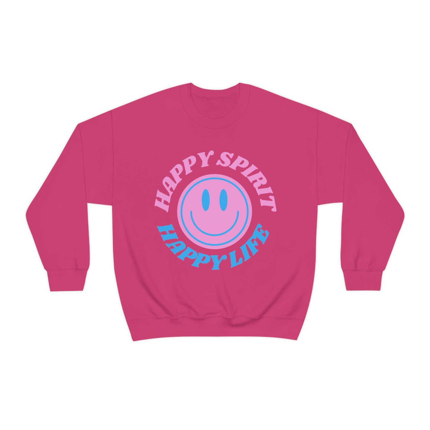 Happy Spirit Happy Life Sweatshirt, VSCO Girl Crewneck, Oversized Retro Font Graphic Tumblr, Front Print Smile Face Trendy Cover Up