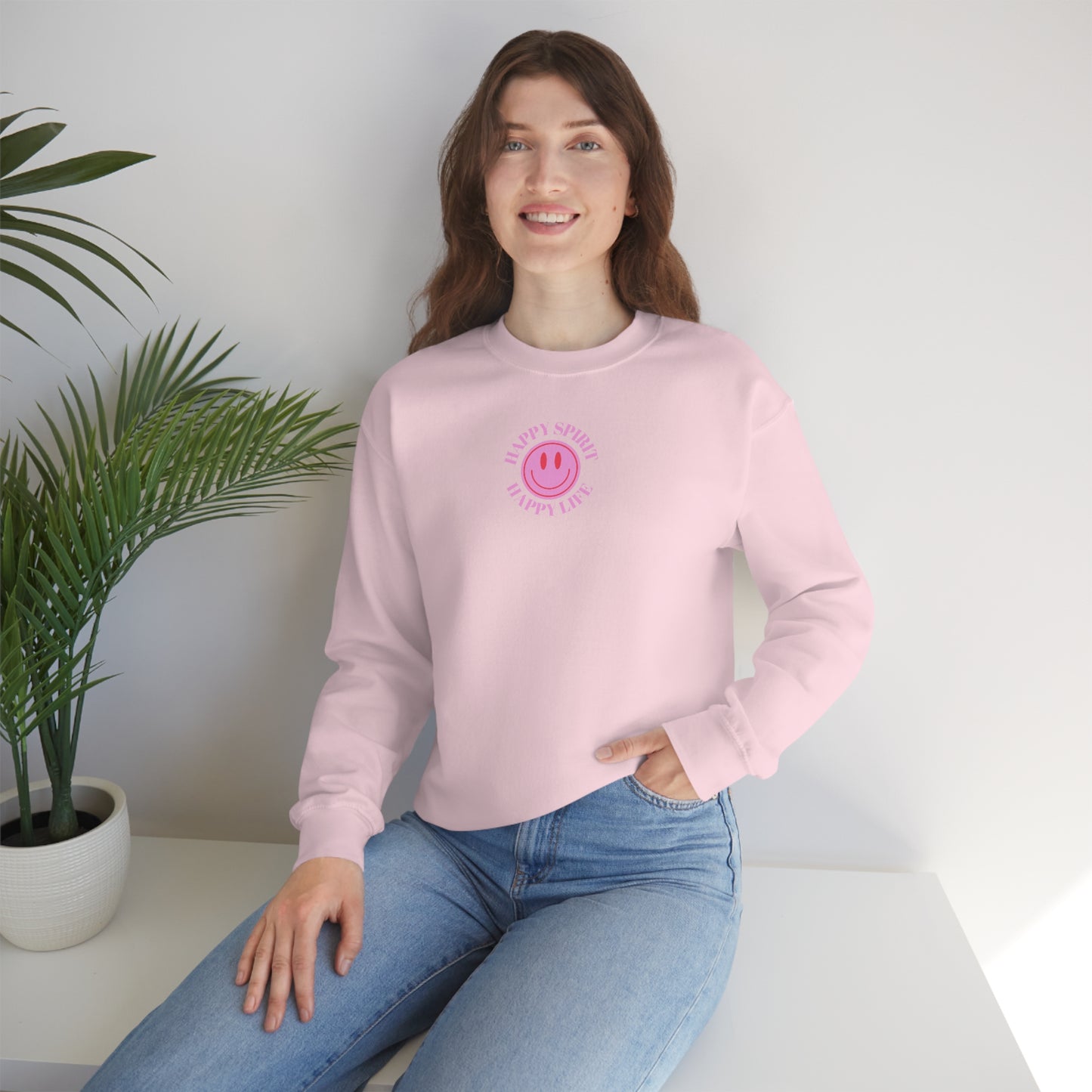 Copy of Happy Spirit Happy Life Sweatshirt, Gildan VSCO Girl Crewneck, Oversized Tumblr Front Back Print Smile Happy Mind Trendy Loungewear
