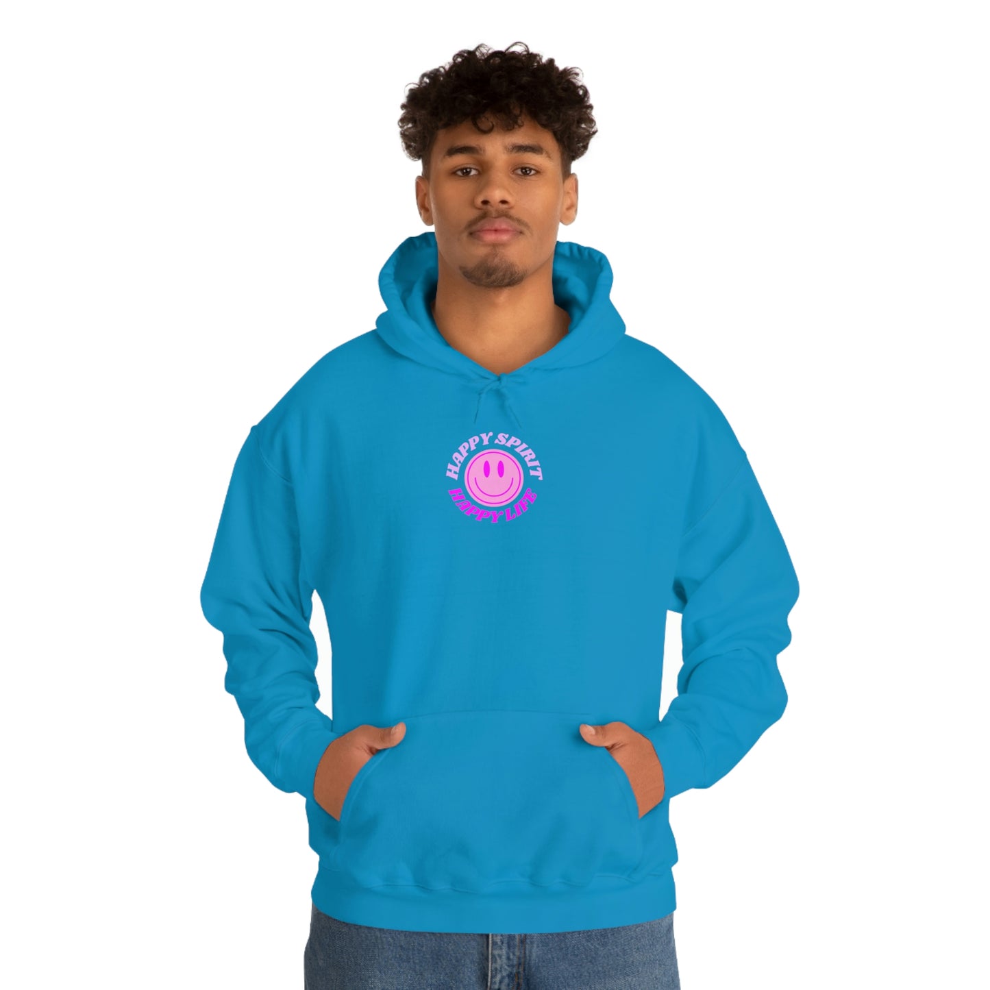 Happy Spirit Happy Life Hoodie Gildan VSCO Girl Sweatshirt, Oversized Tumblr Front Back Print Smile Happy Mind Trendy Retro Font Cover Up