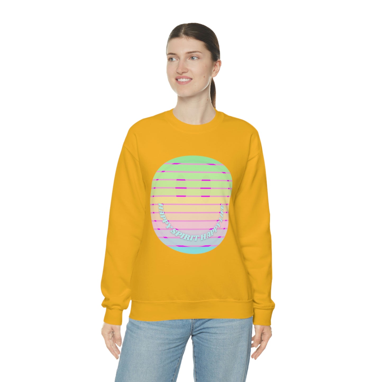 Happy Spirit Happy Life Sweatshirt, VSCO Girl Crewneck, Oversized Retro Font Graphic Tumblr, Front Print Smile Face Trendy Cover Up