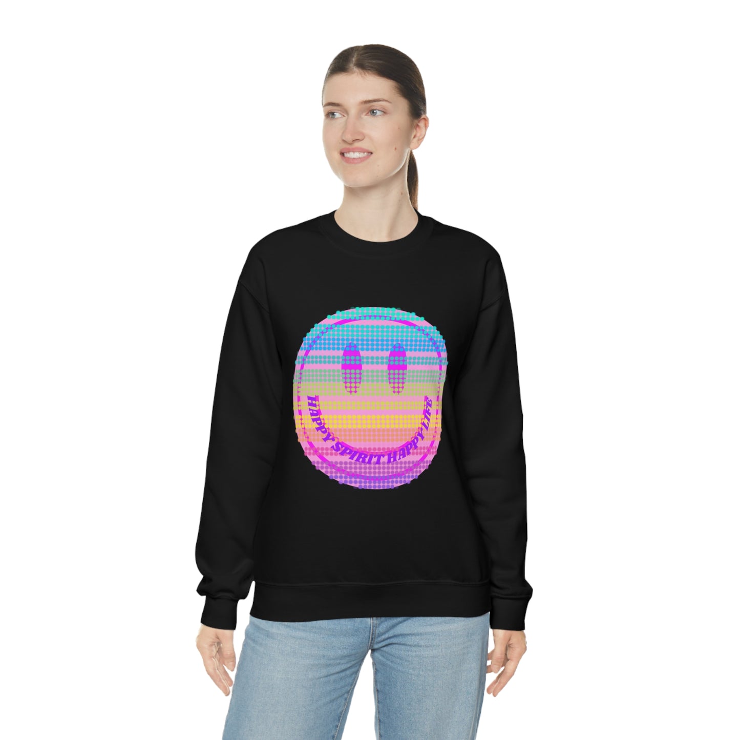Happy Spirit Happy Life Sweatshirt, VSCO Girl Crewneck, Oversized Retro Font Graphic Tumblr, Front Print Smile Face Trendy Cover Up
