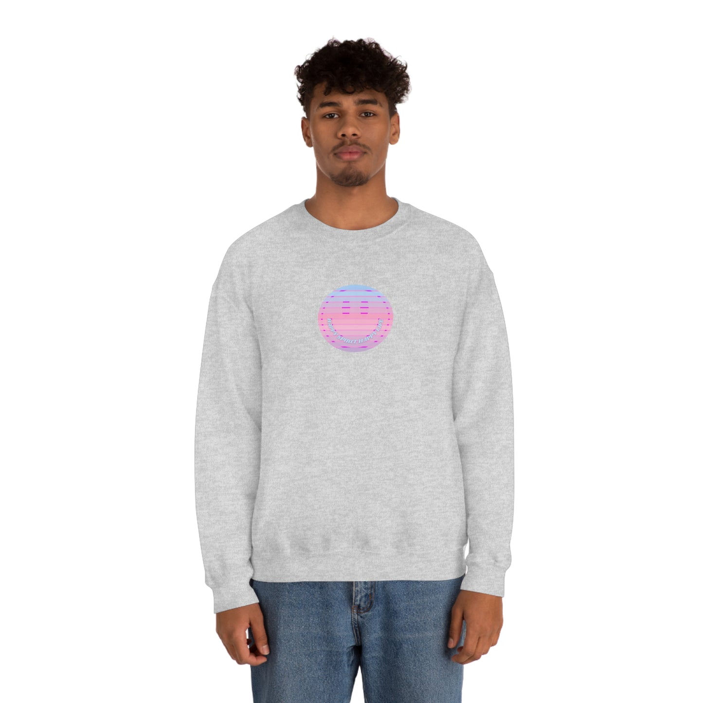 Happy Spirit Happy Life Sweatshirt, VSCO Girl Crewneck, Oversized Retro Font Graphic Tumblr, Front Print Smile Face Trendy Cover Up