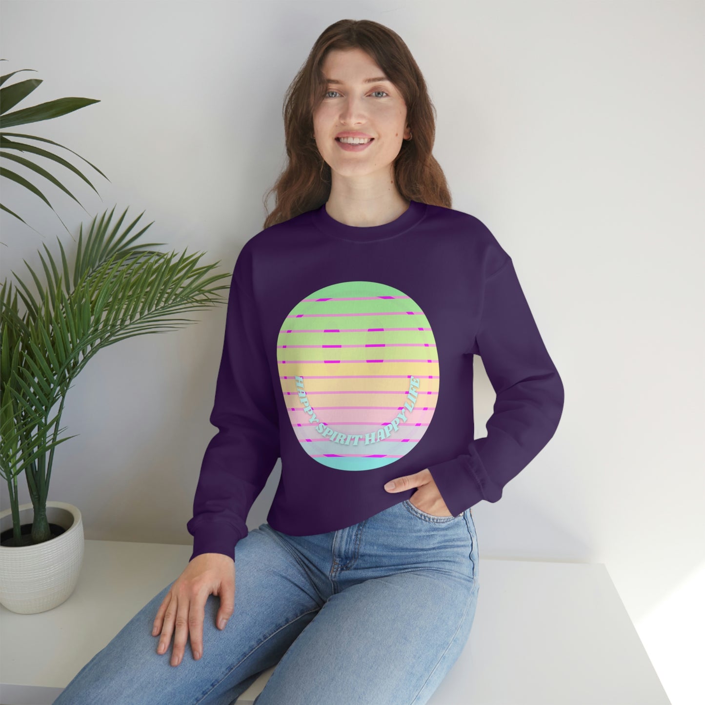 Happy Spirit Happy Life Sweatshirt, VSCO Girl Crewneck, Oversized Retro Font Graphic Tumblr, Front Print Smile Face Trendy Cover Up