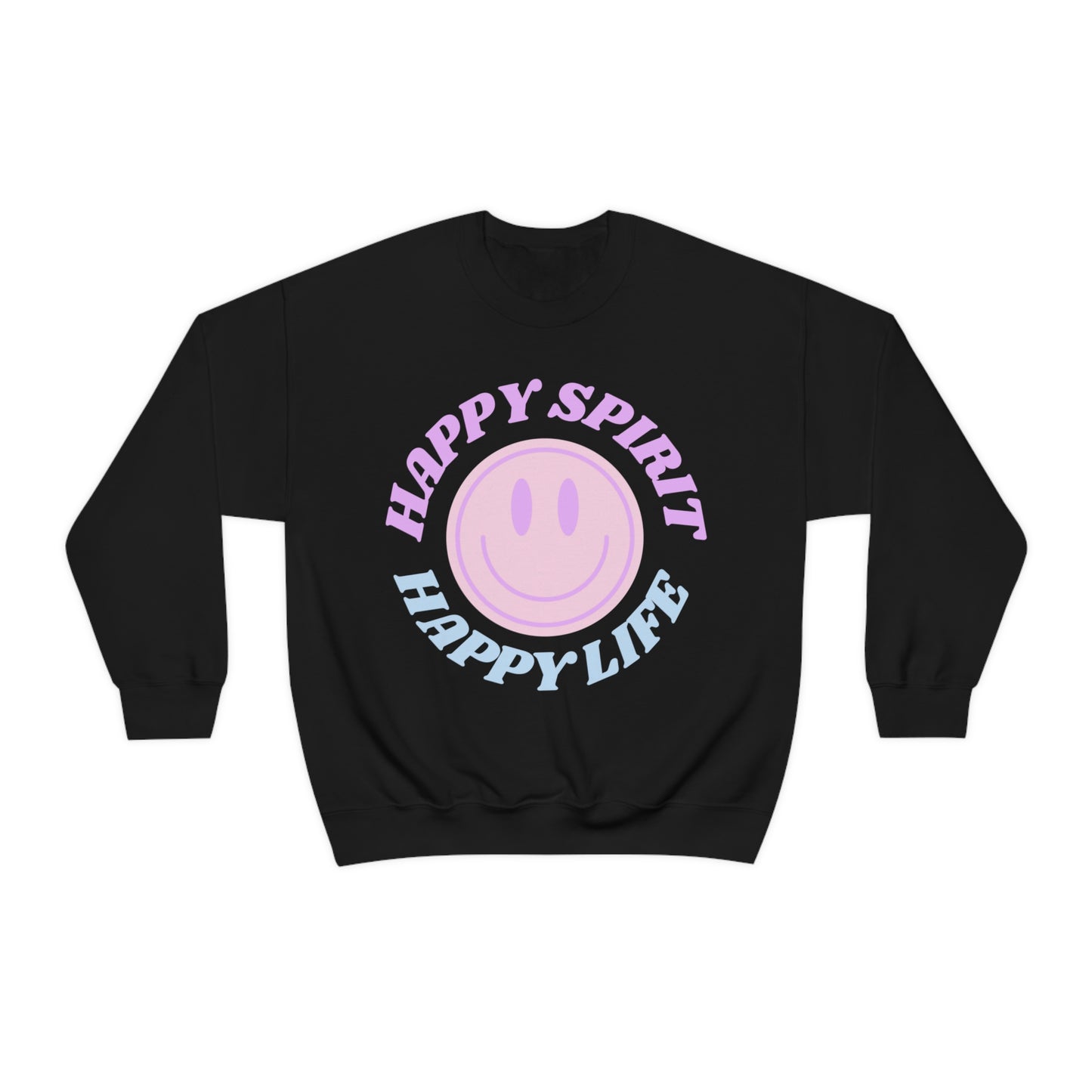 Happy Spirit Happy Life Sweatshirt, VSCO Girl Crewneck, Oversized Retro Font Graphic Tumblr, Front Print Smile Face Trendy Cover Up