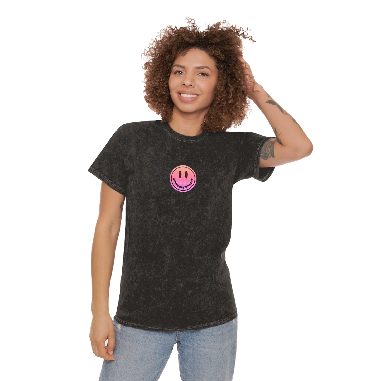 Aesthetic Smile Face Shirt, Retro, Happy Spirit Happy Life Shirt, Smile Pink Sunset Ombre T-Shirt, Unisex 80's style Mineral Wash T-Shirt