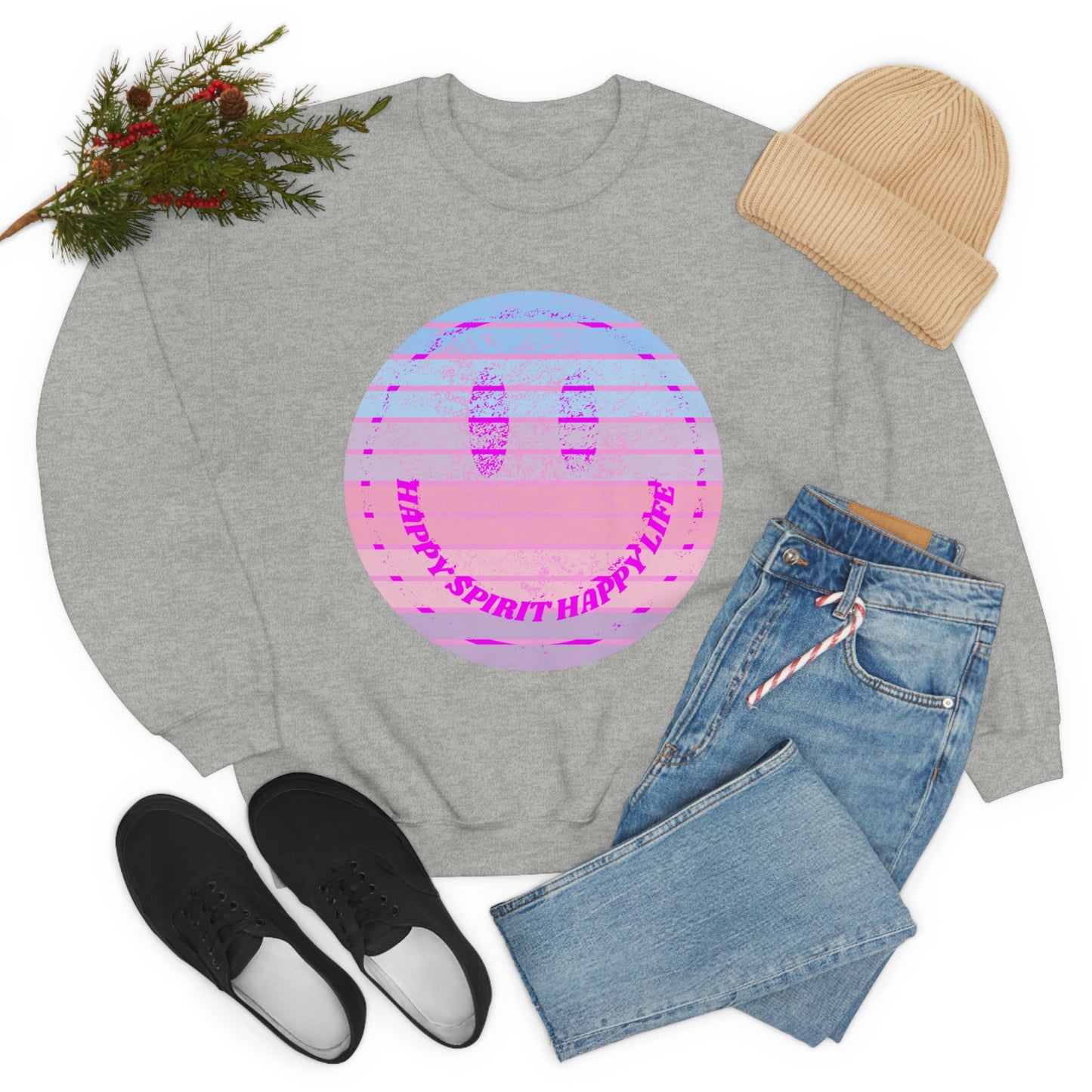 Happy Spirit Happy Life Sweatshirt, VSCO Girl Crewneck, Oversized Retro Font Graphic Tumblr, Front Print Smile Face Trendy Cover Up