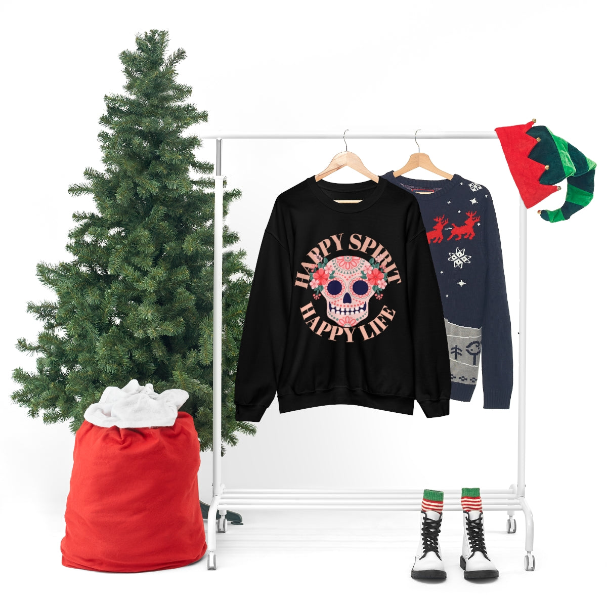 Dia De Los Muertos Crewneck Sweatshirt, Day of the Dead Gift, Happy Spirit Happy Life, Honoring the Dead Aesthetic Candy Skull, Sugar Skull