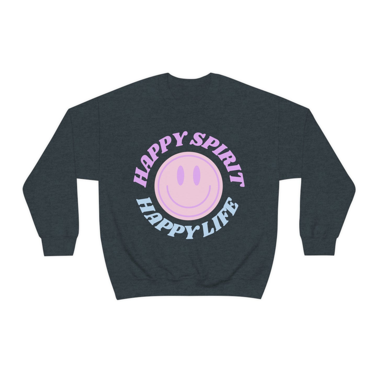 Happy Spirit Happy Life Sweatshirt, VSCO Girl Crewneck, Oversized Retro Font Graphic Tumblr, Front Print Smile Face Trendy Cover Up