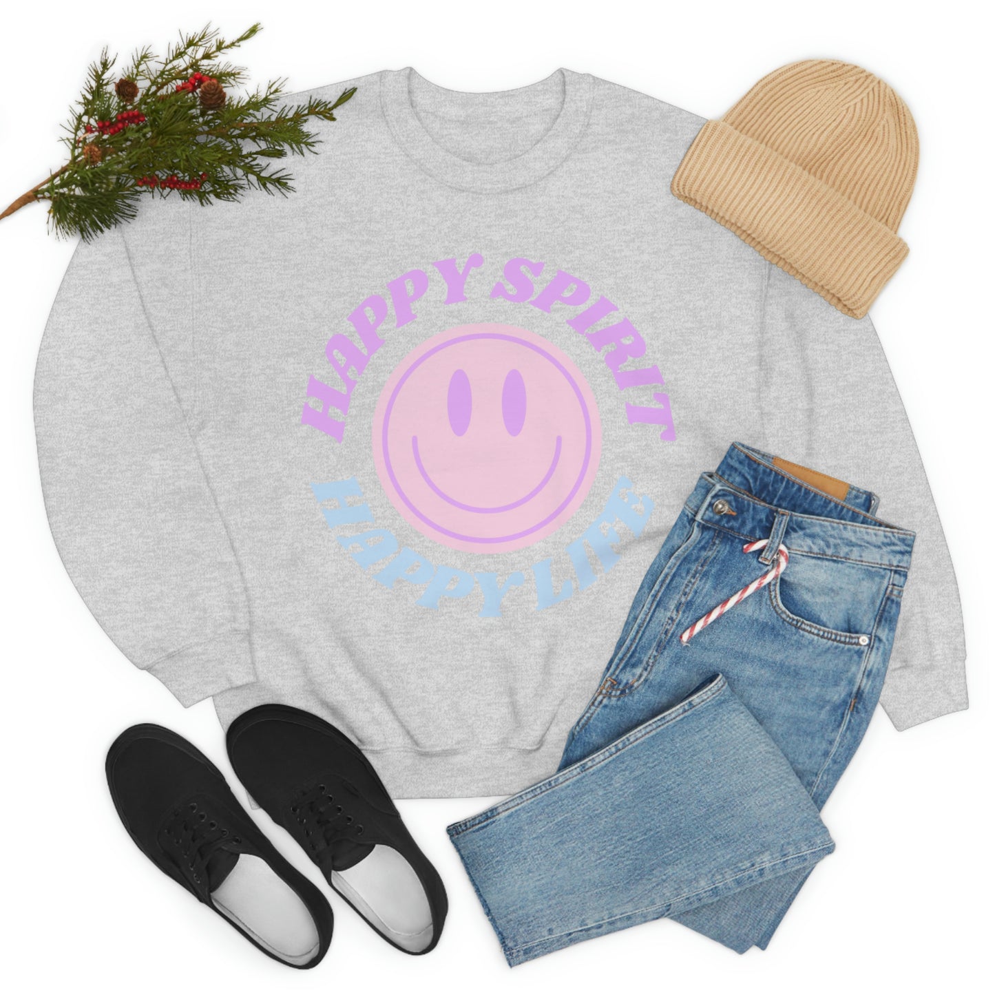 Happy Spirit Happy Life Sweatshirt, VSCO Girl Crewneck, Oversized Retro Font Graphic Tumblr, Front Print Smile Face Trendy Cover Up