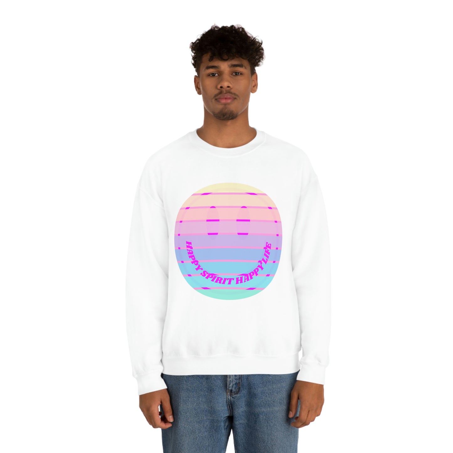 Happy Spirit Happy Life Sweatshirt, VSCO Girl Crewneck, Oversized Retro Font Graphic Tumblr, Front Print Smile Face Trendy Cover Up