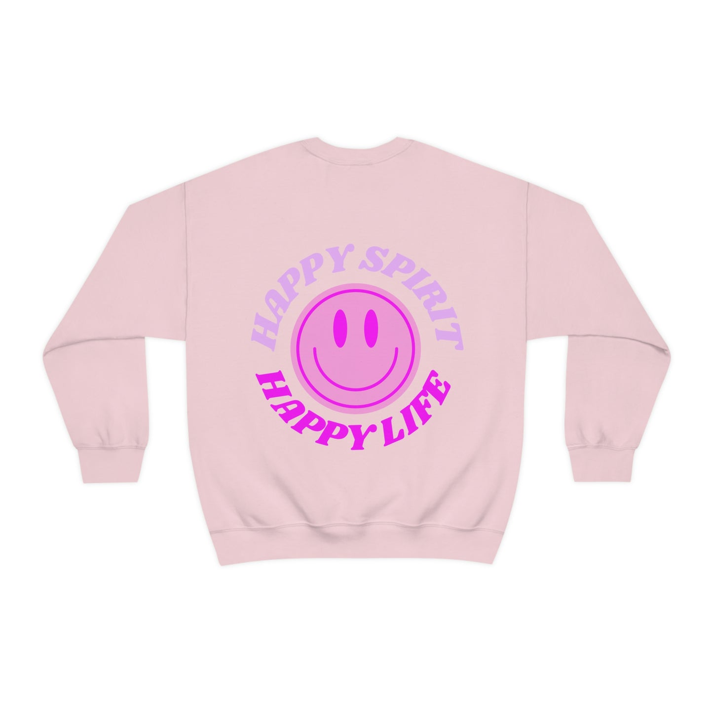Happy Spirit Happy Life Sweatshirt, Gildan VSCO Girl Crewneck, Oversized Tumblr Front Back Print Smile Happy Mind Trendy Retro Surf Font