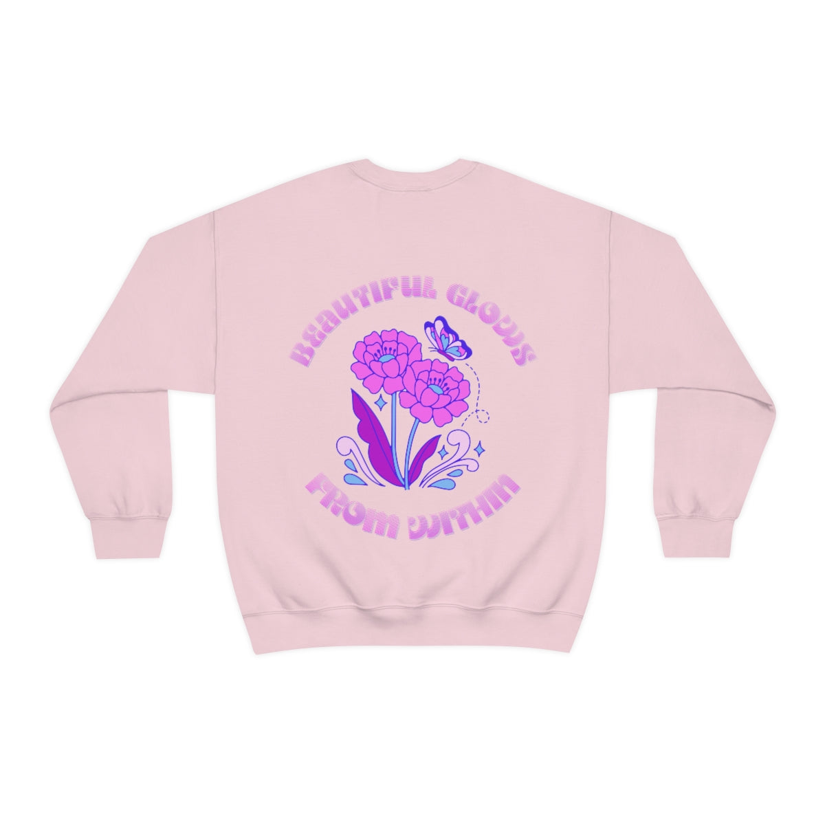 Beautiful Glows from Within Purple Flower Sweatshirt, Oversized Crewneck, Front Back Print Trendy Sweatshirt, Beach Cover Up, Lake Cover Up