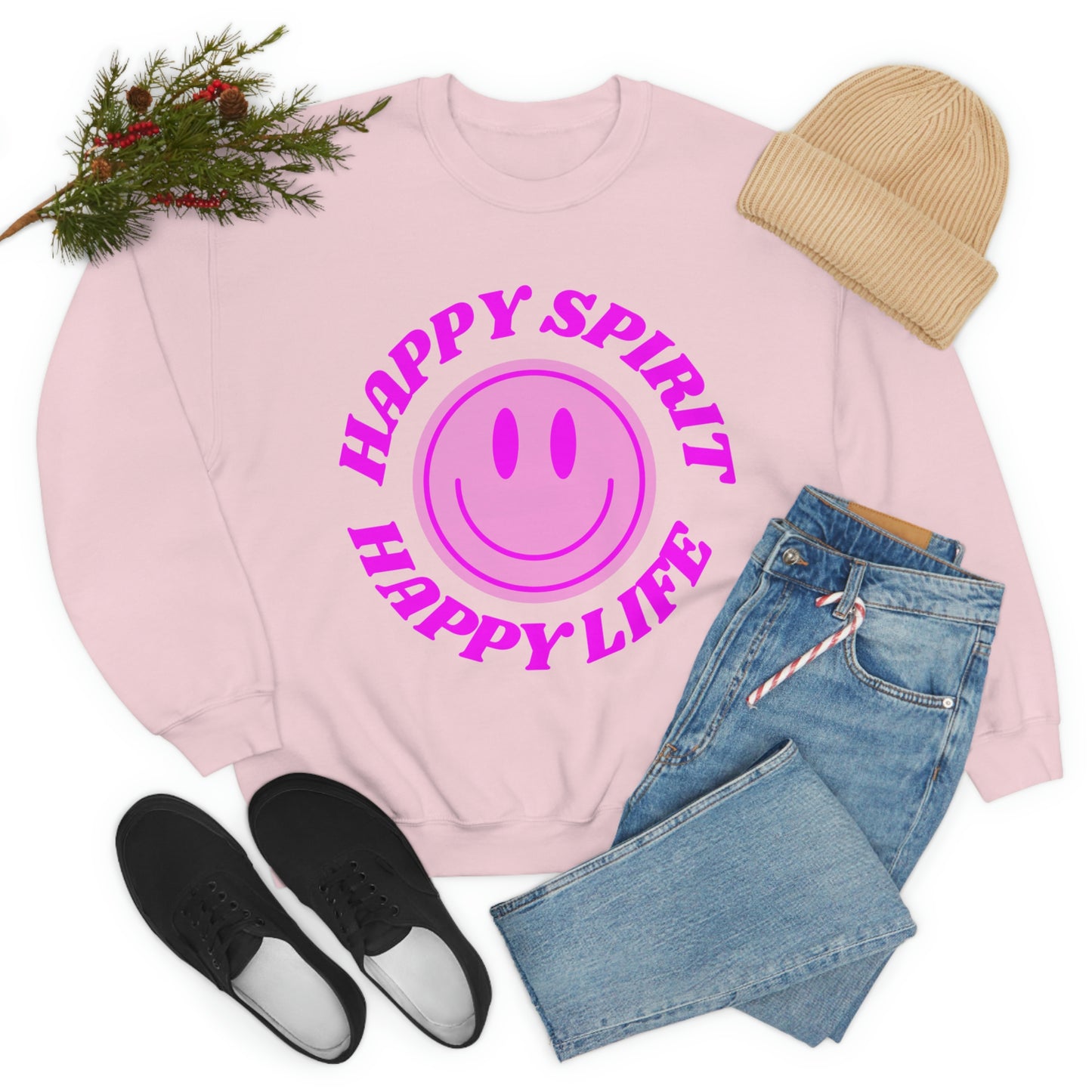 Happy Spirit Happy Life Sweatshirt, VSCO Girl Crewneck, Oversized Retro Font Graphic Tumblr, Front Print Smile Face Trendy Cover Up