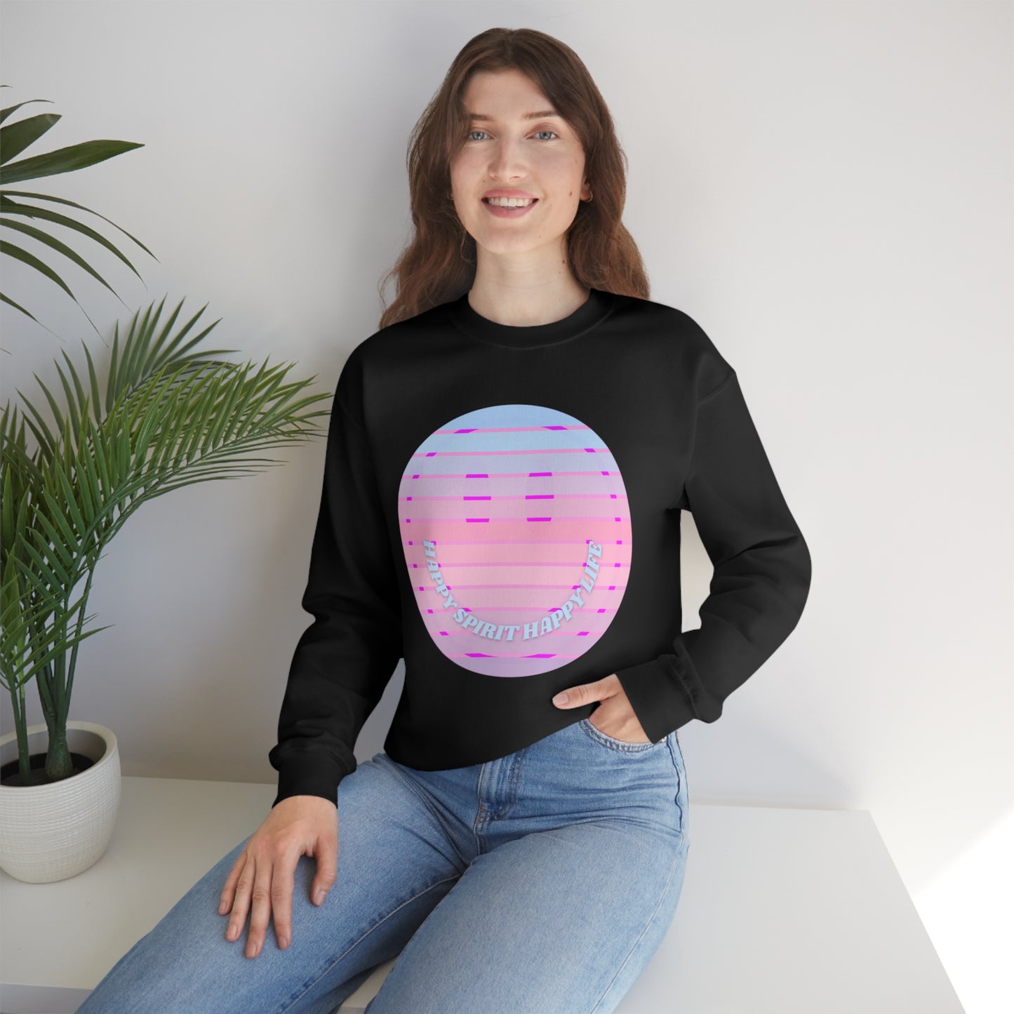 Happy Spirit Happy Life Sweatshirt, VSCO Girl Crewneck, Oversized Retro Font Graphic Tumblr, Front Print Smile Face Trendy Cover Up