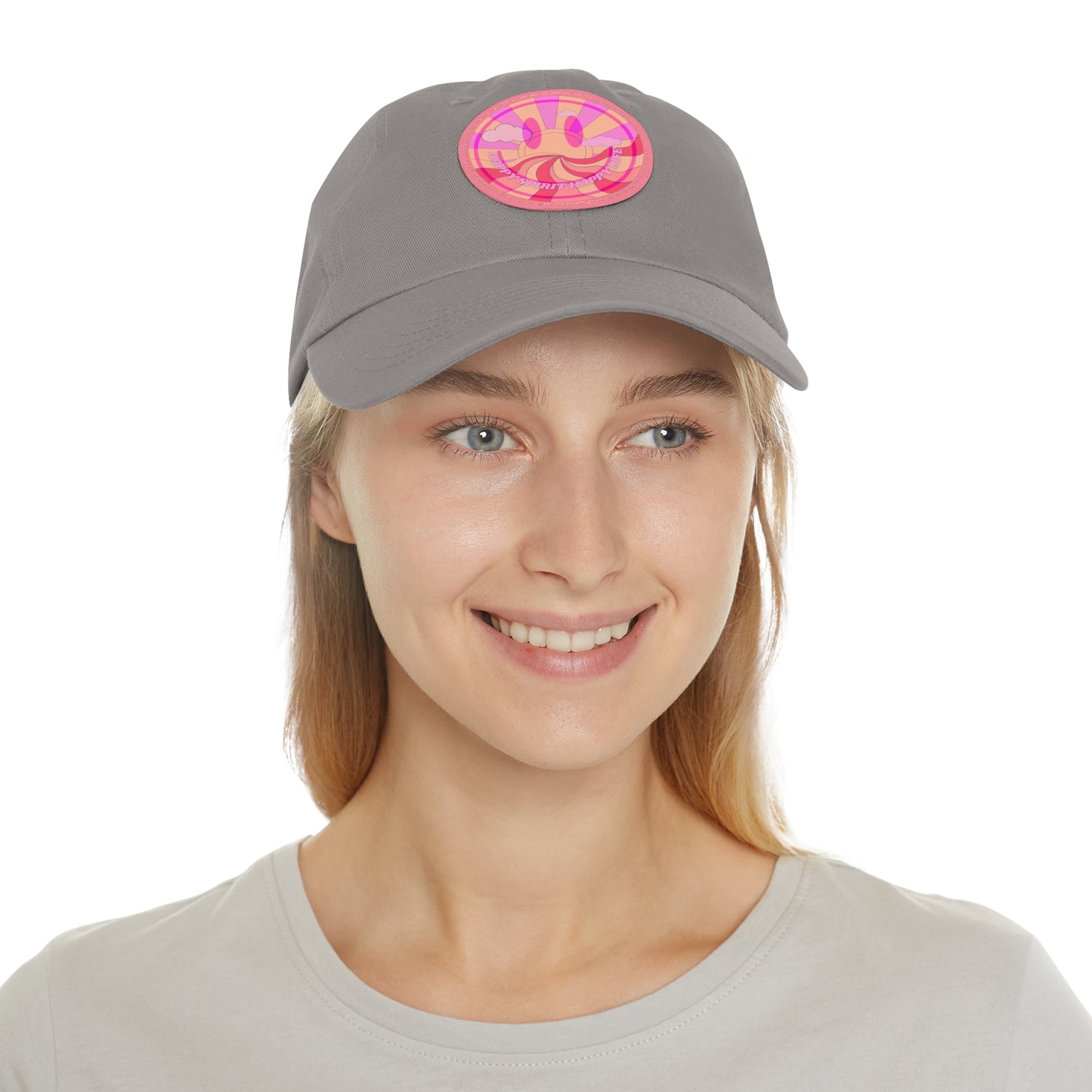 Aesthetic Pink Smile Hat, Pink Twill Dad Hat with Leather Patch (Round), Pink Golf Hat, Pink Twill Cap, Pink Cotton Hat, Pink Baseball Hat