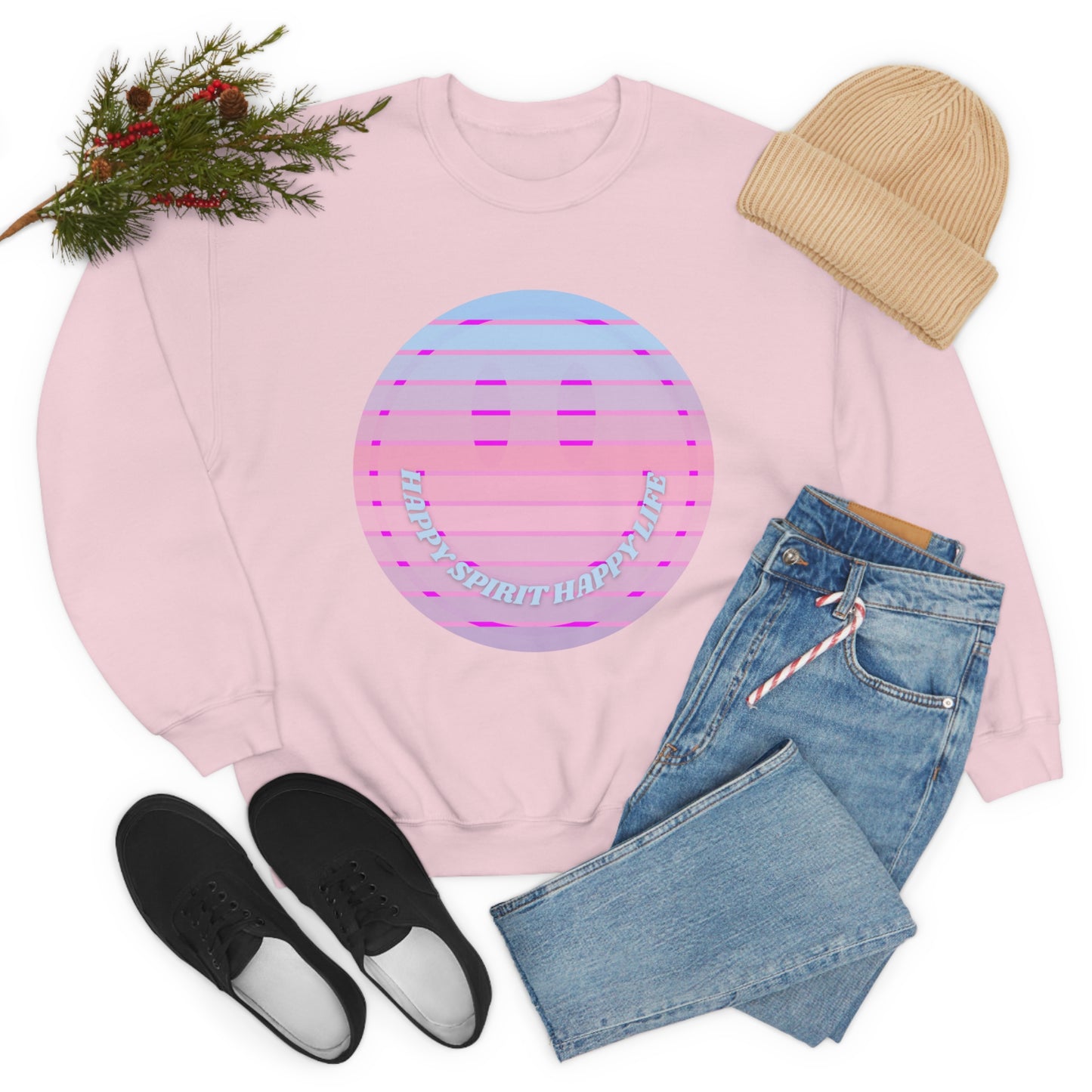 Happy Spirit Happy Life Sweatshirt, VSCO Girl Crewneck, Oversized Retro Font Graphic Tumblr, Front Print Smile Face Trendy Cover Up