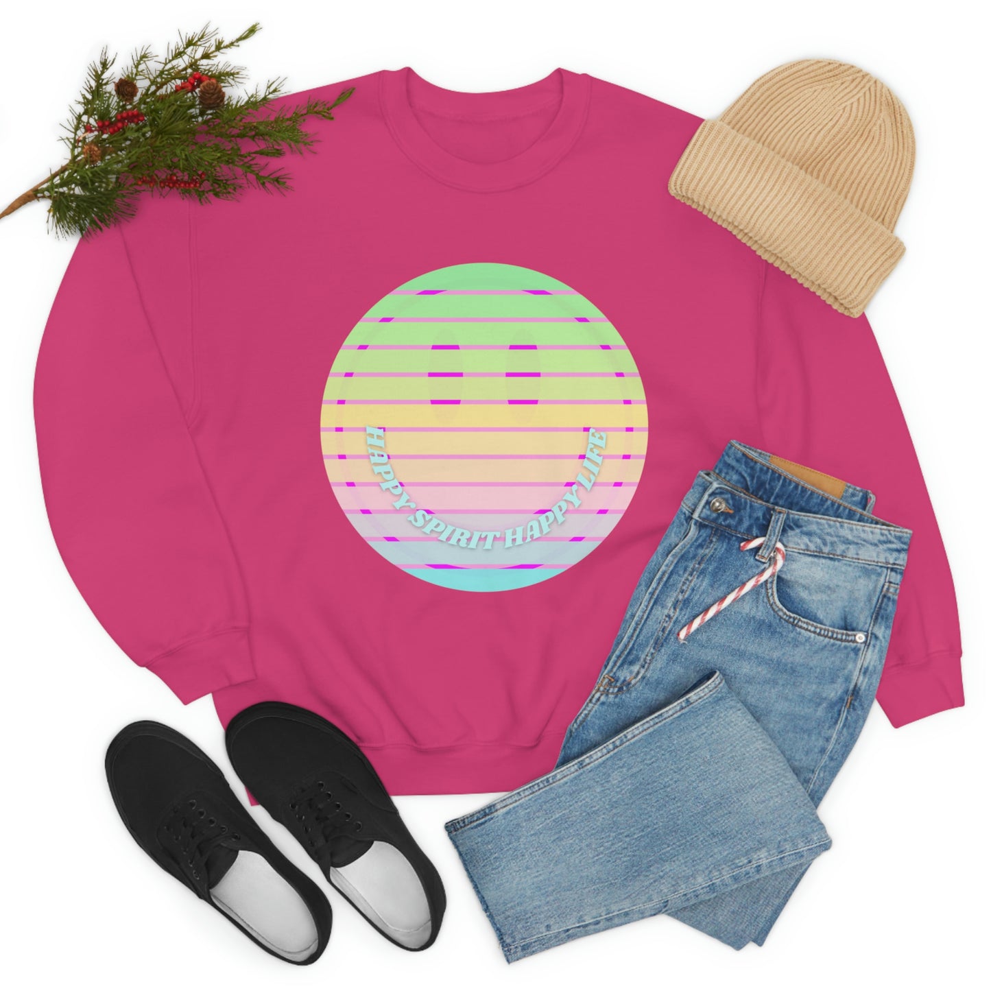 Happy Spirit Happy Life Sweatshirt, VSCO Girl Crewneck, Oversized Retro Font Graphic Tumblr, Front Print Smile Face Trendy Cover Up