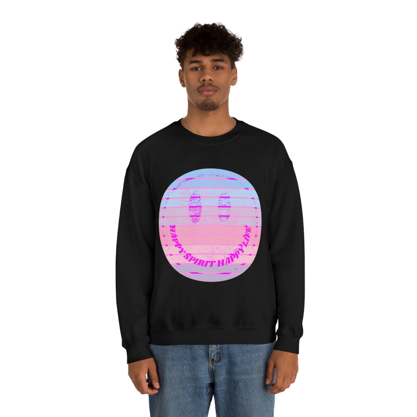 Happy Spirit Happy Life Sweatshirt, VSCO Girl Crewneck, Oversized Retro Font Graphic Tumblr, Front Print Smile Face Trendy Cover Up