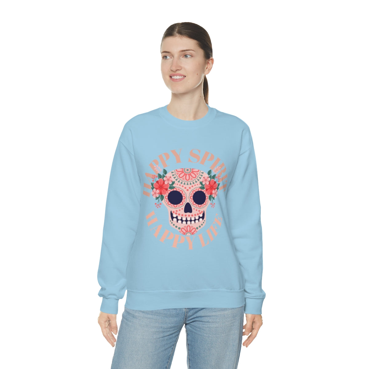 Dia De Los Muertos Crewneck Sweatshirt, Day of the Dead Gift, Happy Spirit Happy Life, Honoring the Dead Aesthetic Candy Skull, Sugar Skull