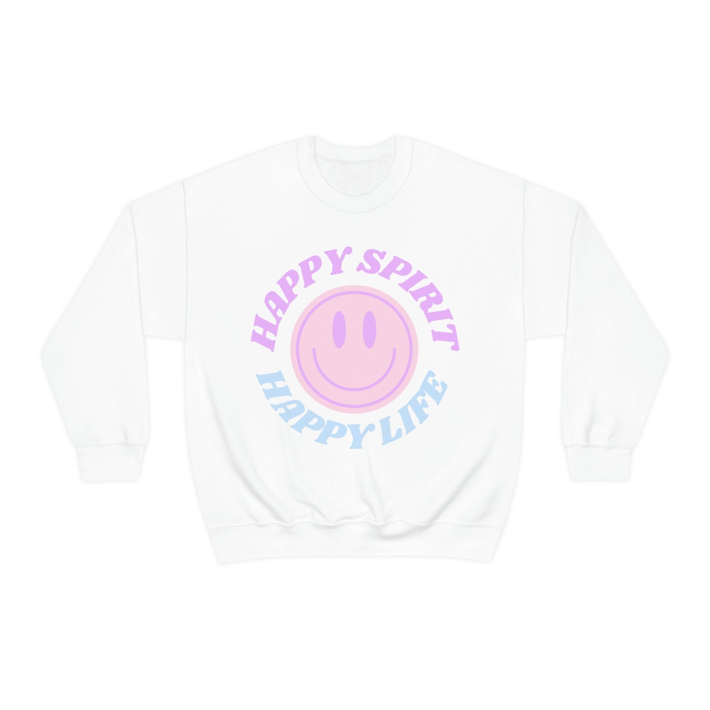 Happy Spirit Happy Life Sweatshirt, VSCO Girl Crewneck, Oversized Retro Font Graphic Tumblr, Front Print Smile Face Trendy Cover Up