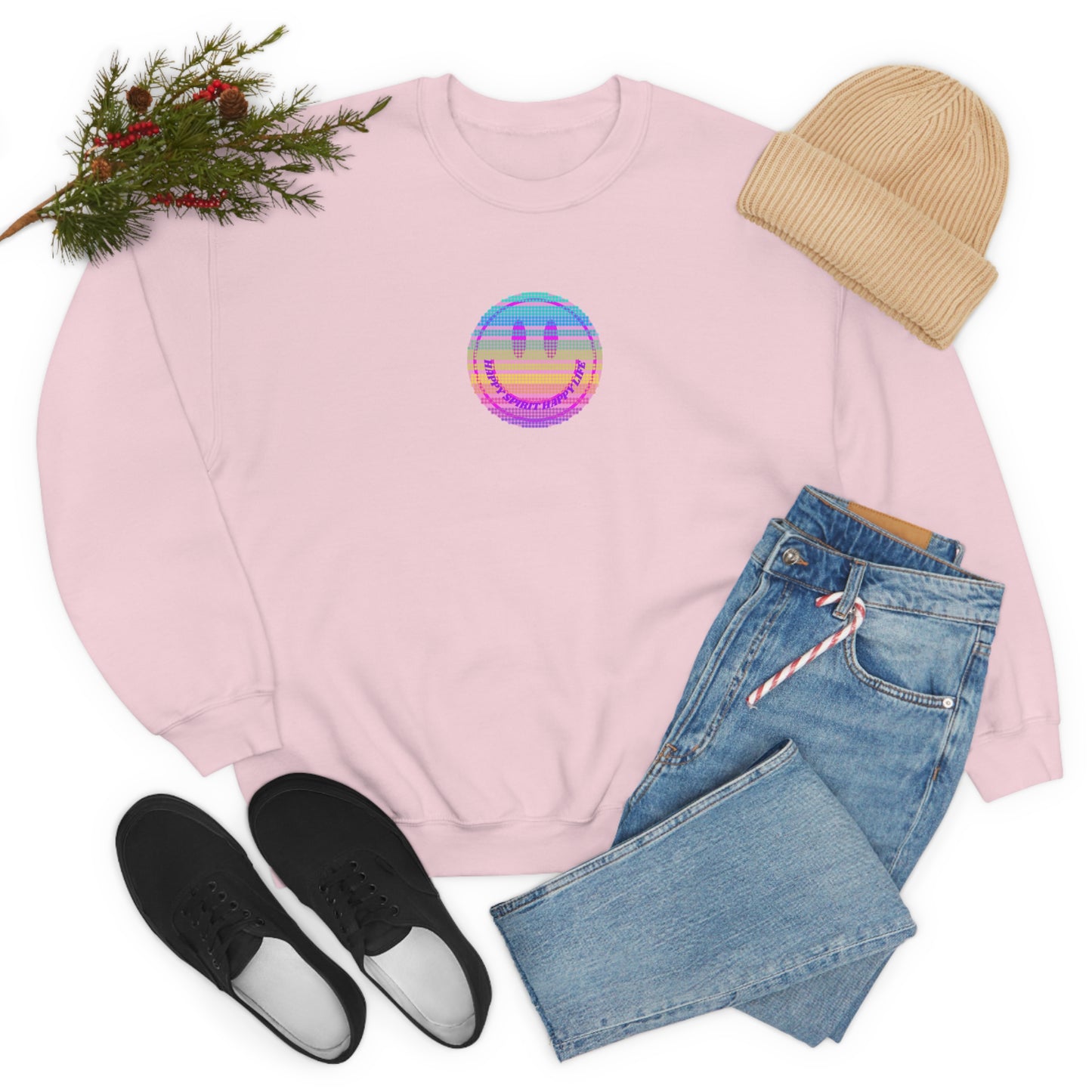 Happy Spirit Happy Life Sweatshirt, VSCO Girl Crewneck, Oversized Retro Font Graphic Tumblr, Front Print Smile Face Trendy Cover Up