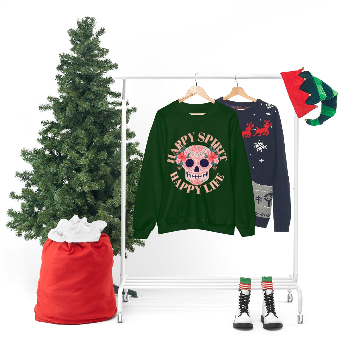 Dia De Los Muertos Crewneck Sweatshirt, Day of the Dead Gift, Happy Spirit Happy Life, Honoring the Dead Aesthetic Candy Skull, Sugar Skull