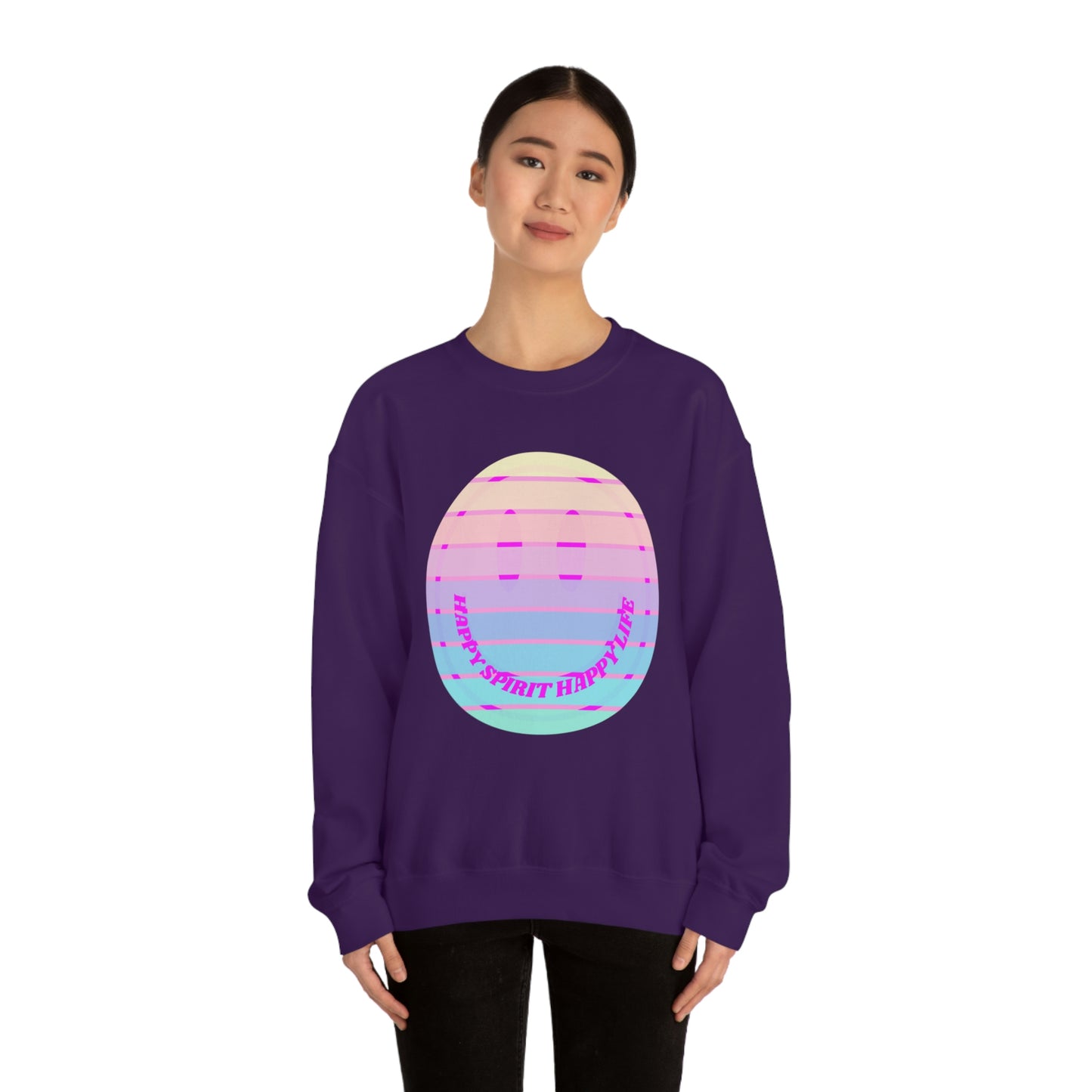 Happy Spirit Happy Life Sweatshirt, VSCO Girl Crewneck, Oversized Retro Font Graphic Tumblr, Front Print Smile Face Trendy Cover Up