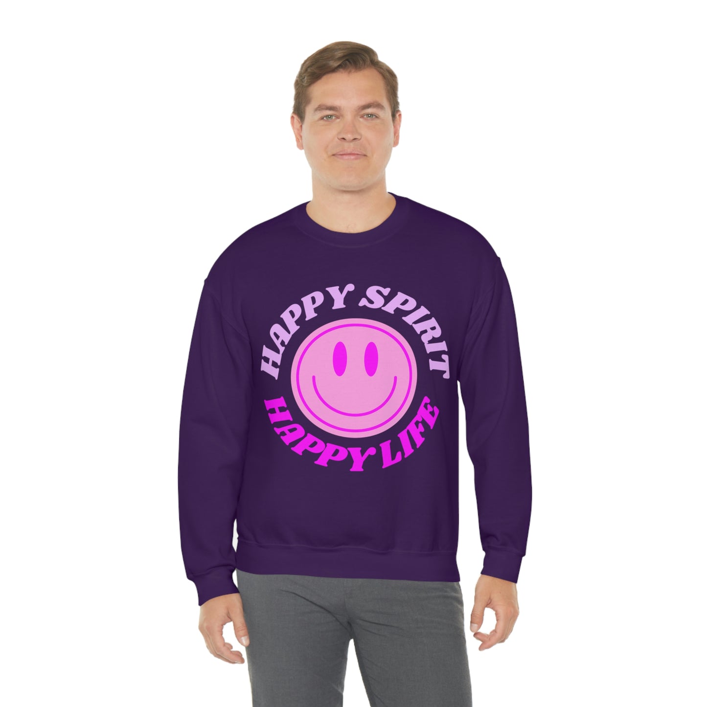 Happy Spirit Happy Life Sweatshirt, VSCO Girl Crewneck, Oversized Retro Font Graphic Tumblr, Front Print Smile Face Trendy Cover Up