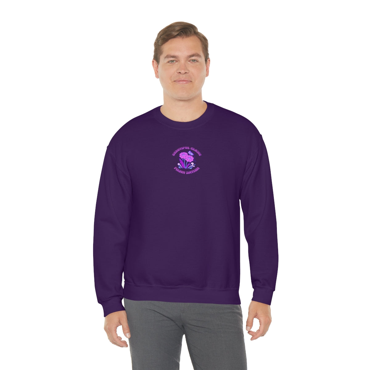 Beautiful Glows from Within Purple Flower Sweatshirt, Oversized Crewneck, Front Back Print Trendy Sweatshirt, Beach Cover Up, Lake Cover Up