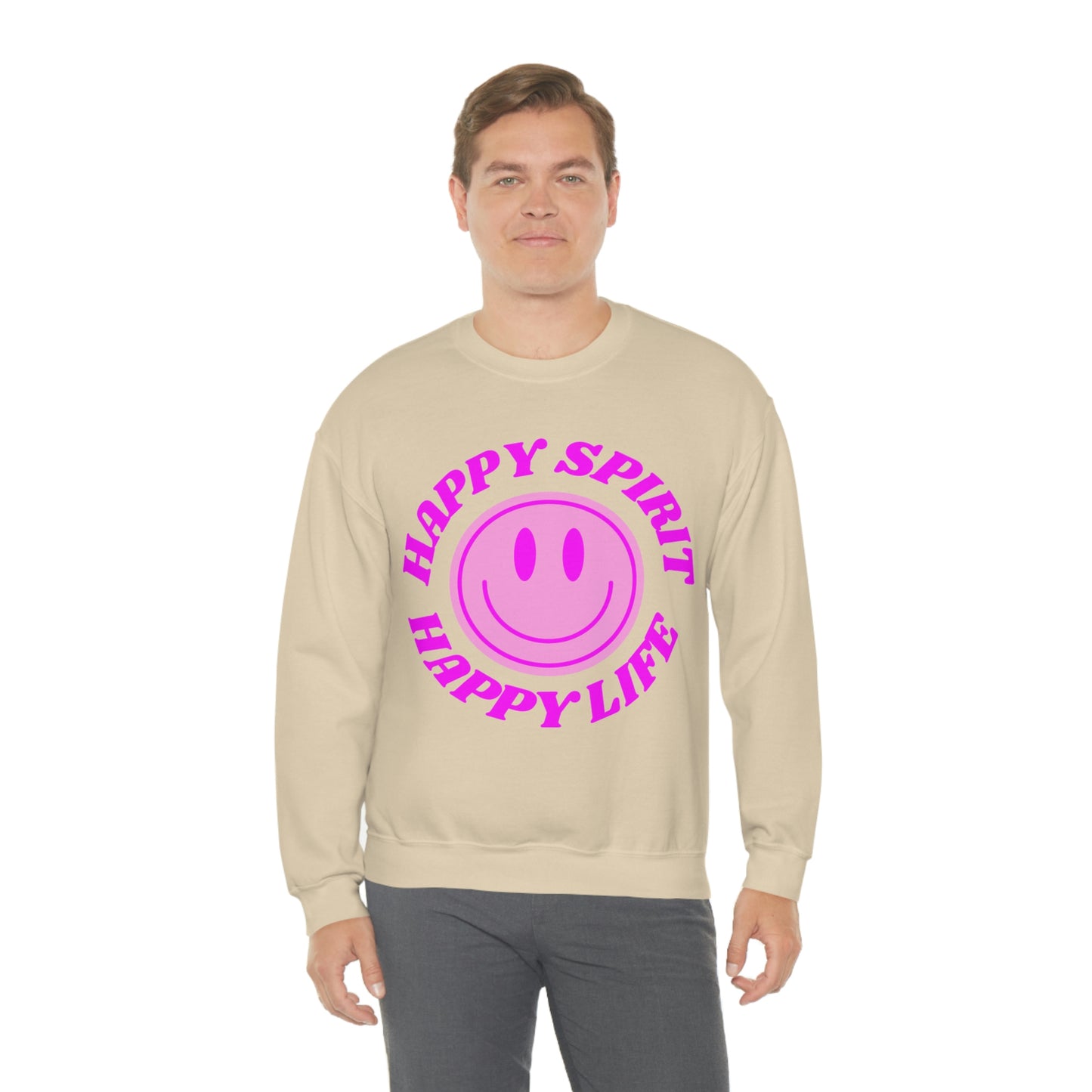 Happy Spirit Happy Life Sweatshirt, VSCO Girl Crewneck, Oversized Retro Font Graphic Tumblr, Front Print Smile Face Trendy Cover Up
