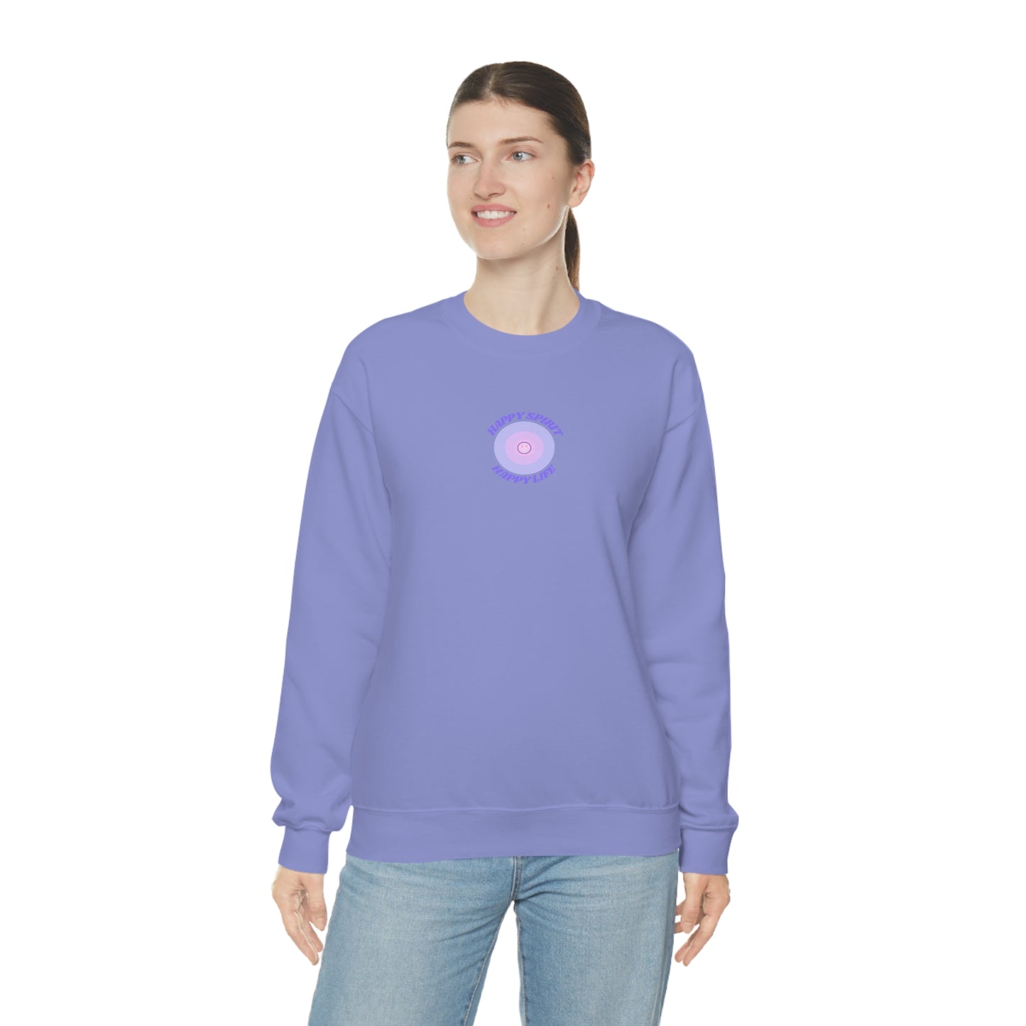 Retro Happy Spirit Happy Life Lavender Lilac Pink Smile Graphic Crewneck, VSCO Girl Sweatshirt, Tumblr Oversized Trendy Back Print Pullover