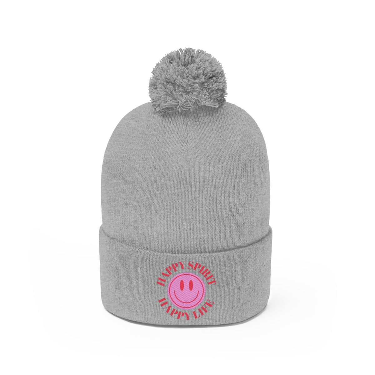 Happy Spirit Happy Life Pom Pom Beanie, Pink Smile Face Skull Cap, Aesthetic Pink Smile Winter Wool Hat