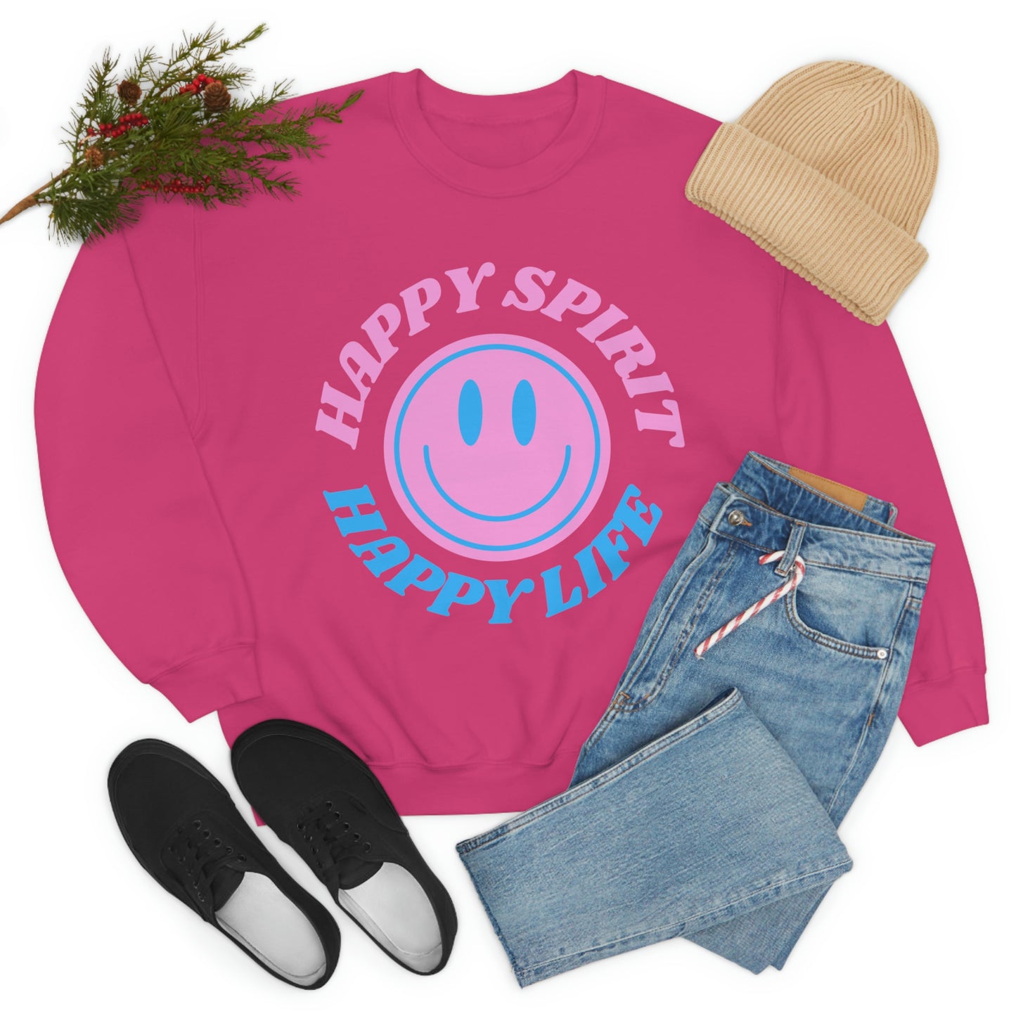 Happy Spirit Happy Life Sweatshirt, VSCO Girl Crewneck, Oversized Retro Font Graphic Tumblr, Front Print Smile Face Trendy Cover Up