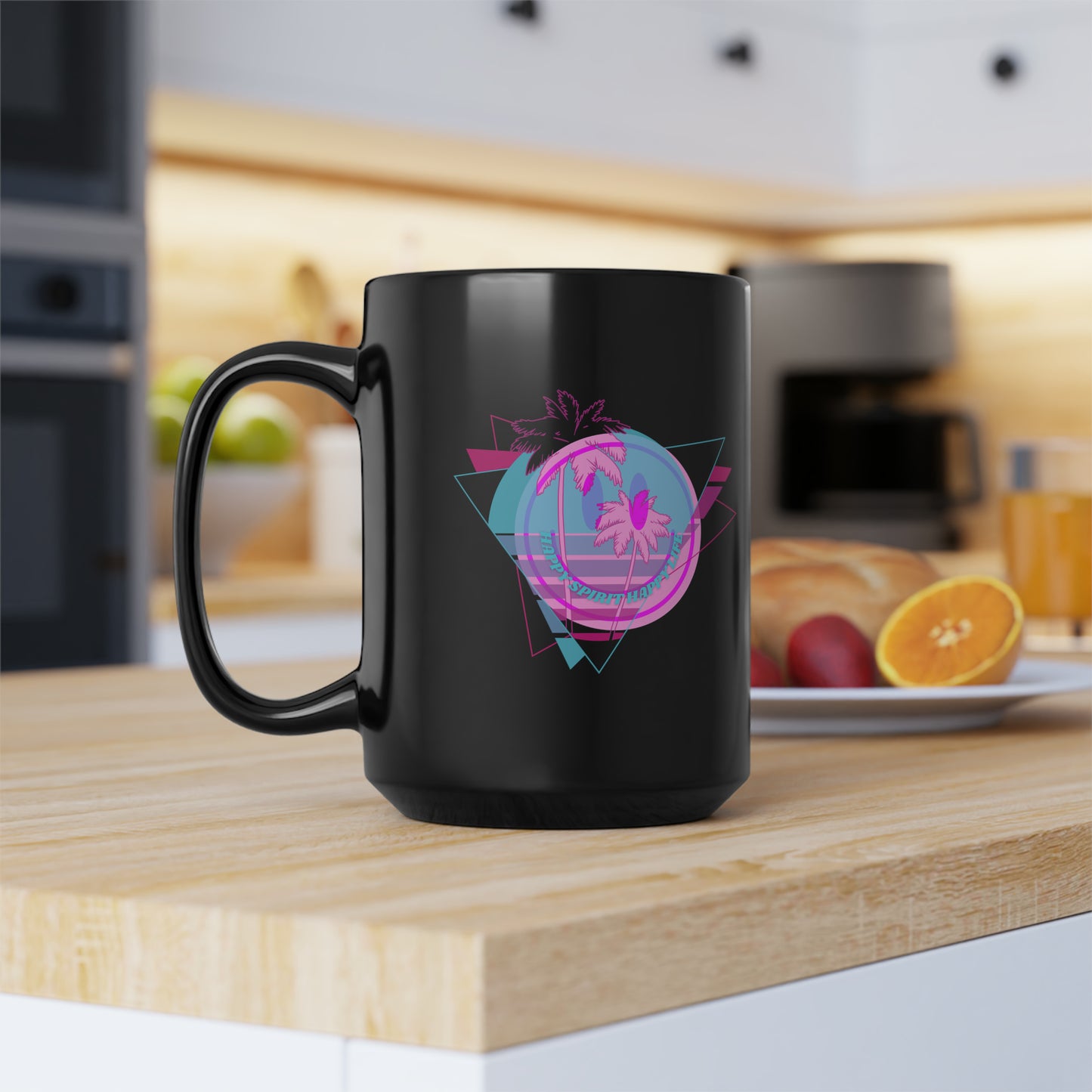 Mug, 15 Oz Retro Happy Spirit Happy Life Aesthetic Mug, Smile Face Mug, Trendy Coffee Mug, Tumblr Mug, Aesthetic Happy Life Gift, Black Mug