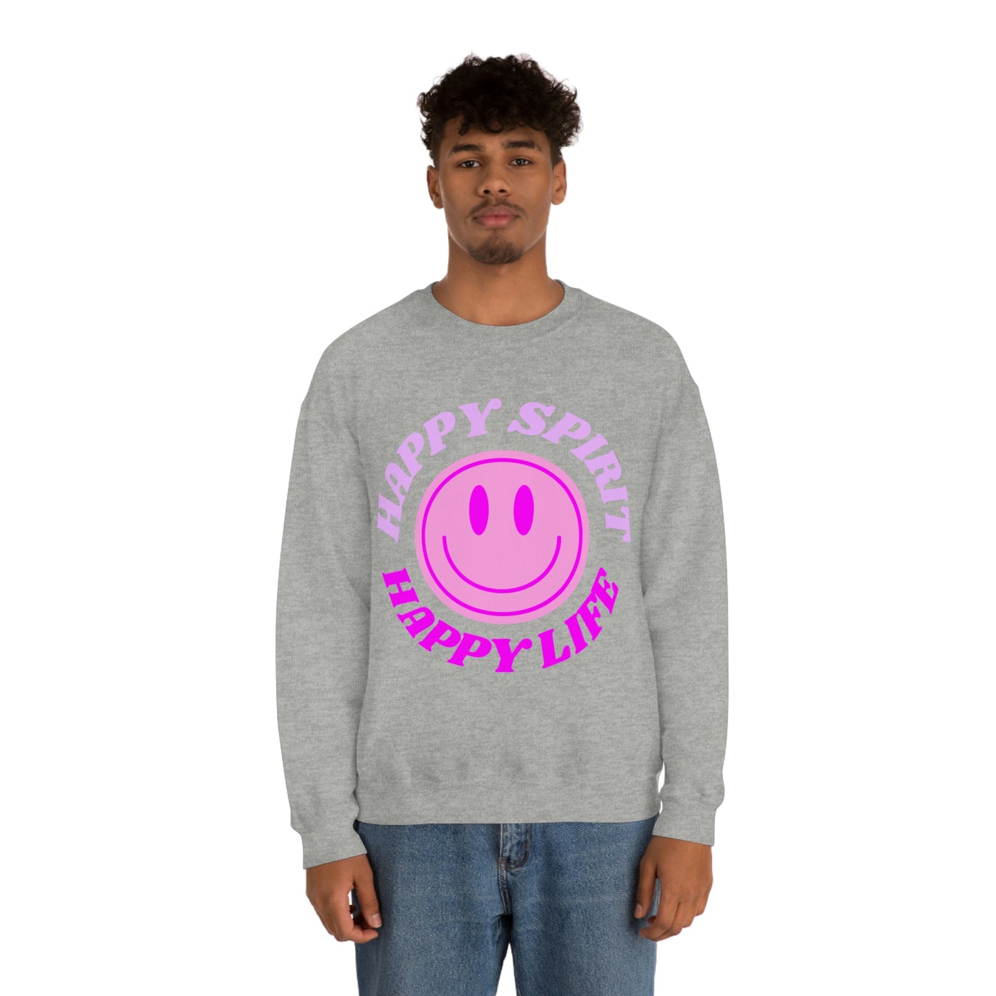 Happy Spirit Happy Life Sweatshirt, VSCO Girl Crewneck, Oversized Retro Font Graphic Tumblr, Front Print Smile Face Trendy Cover Up