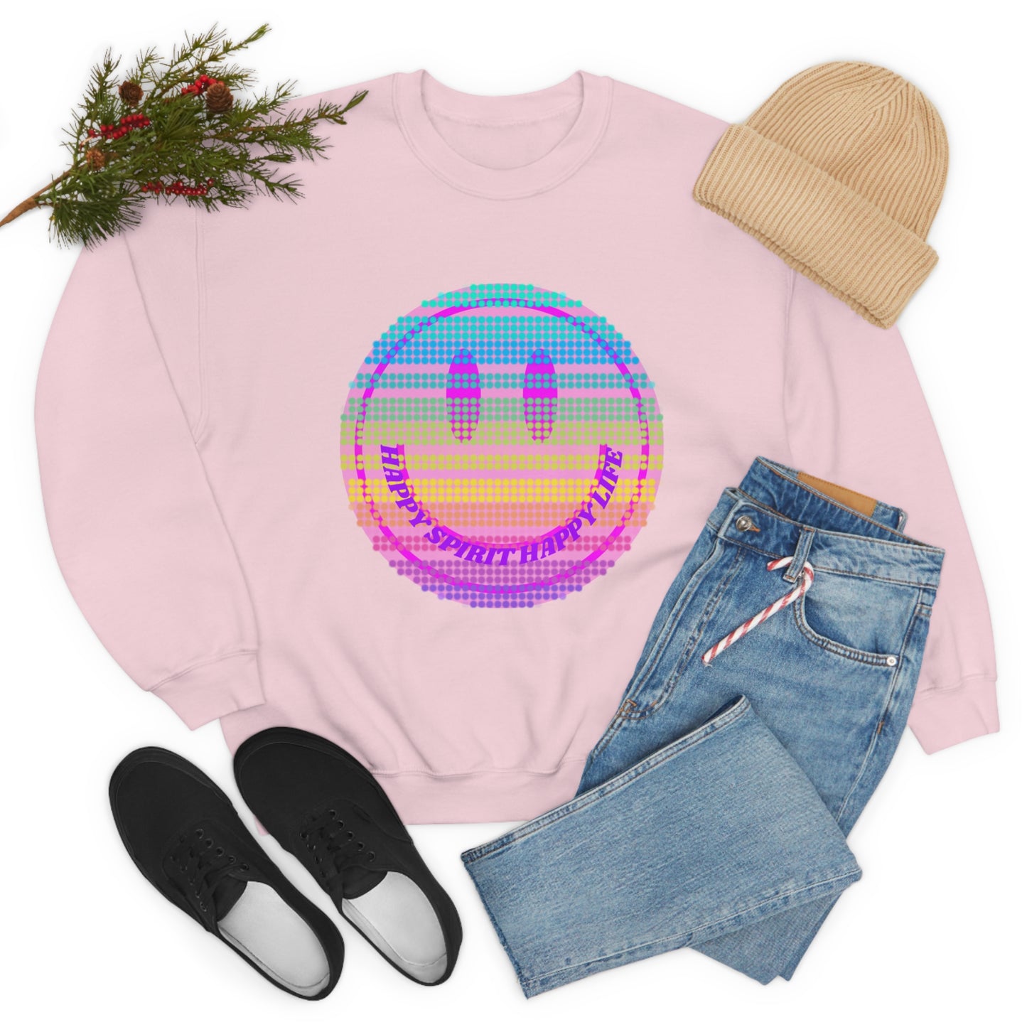Happy Spirit Happy Life Sweatshirt, VSCO Girl Crewneck, Oversized Retro Font Graphic Tumblr, Front Print Smile Face Trendy Cover Up