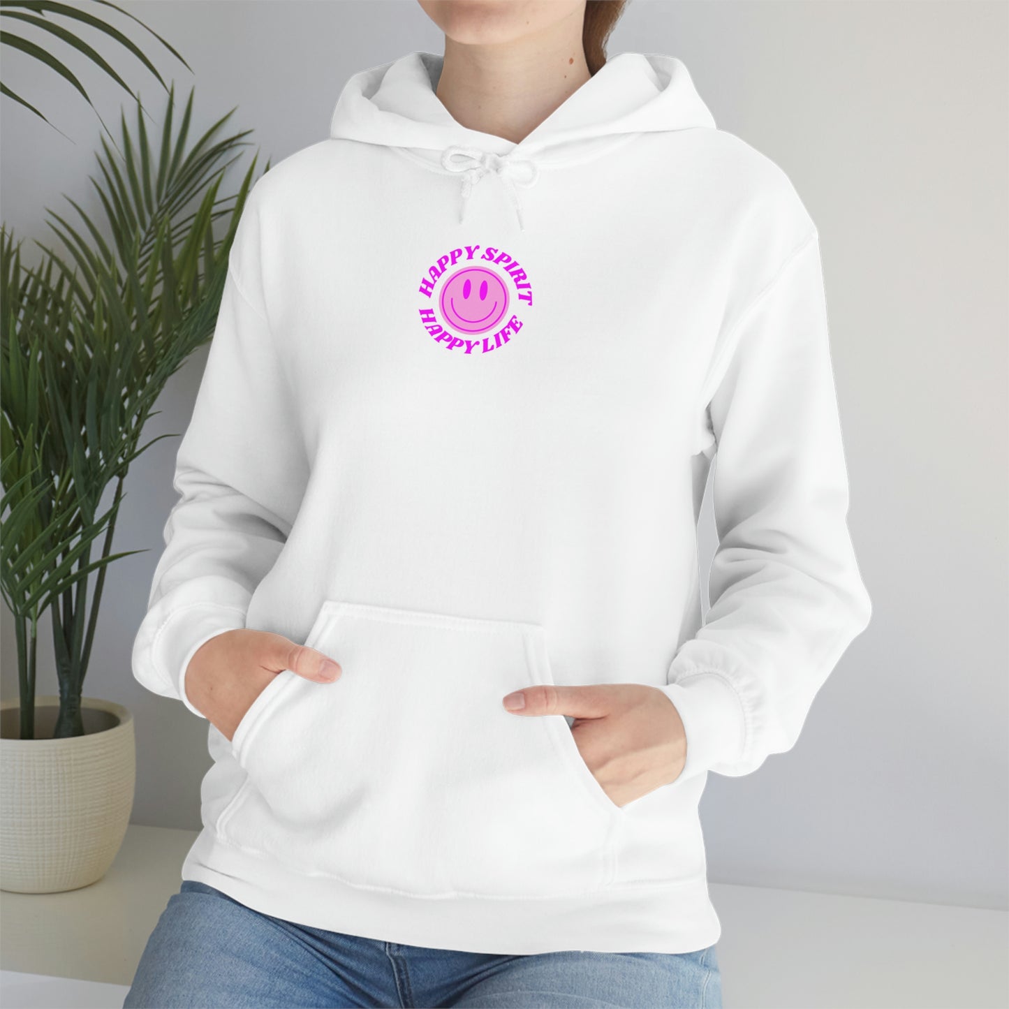 Happy Spirit Happy Life Sweatshirt, Gildan Retro Font Hoodie, Oversized Hoodie, Back Print Trendy Sweatshirt, Beach Cover Up, Lake Cover Up