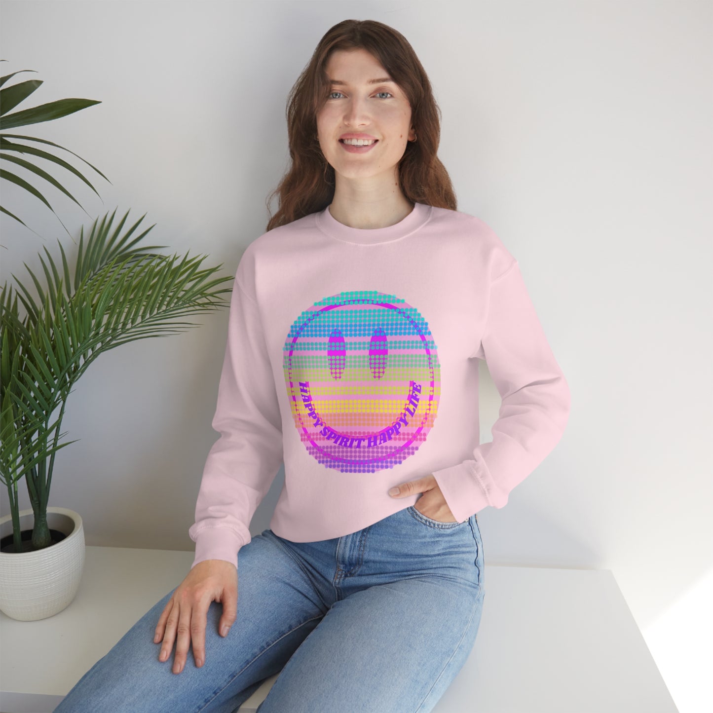 Happy Spirit Happy Life Sweatshirt, VSCO Girl Crewneck, Oversized Retro Font Graphic Tumblr, Front Print Smile Face Trendy Cover Up