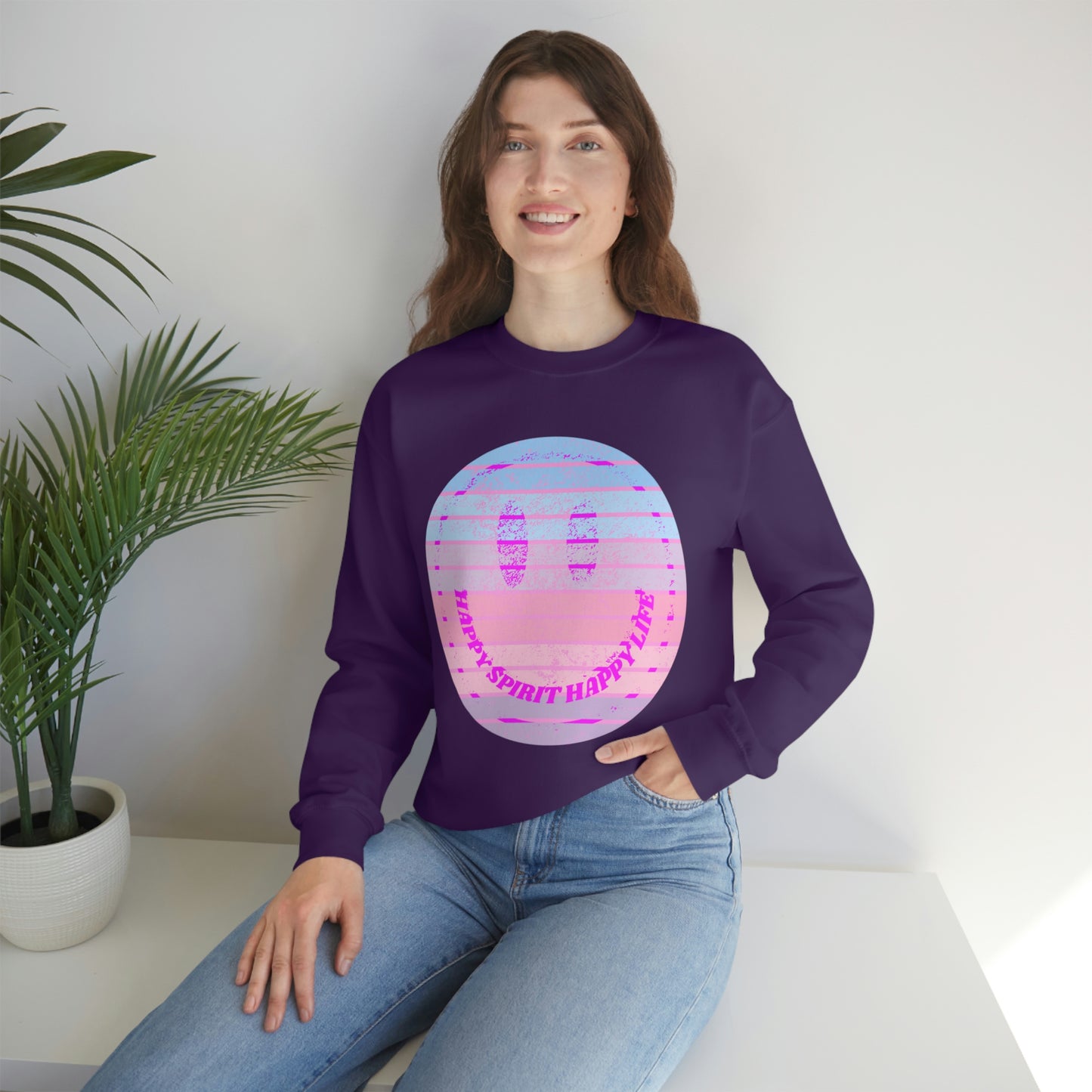 Happy Spirit Happy Life Sweatshirt, VSCO Girl Crewneck, Oversized Retro Font Graphic Tumblr, Front Print Smile Face Trendy Cover Up