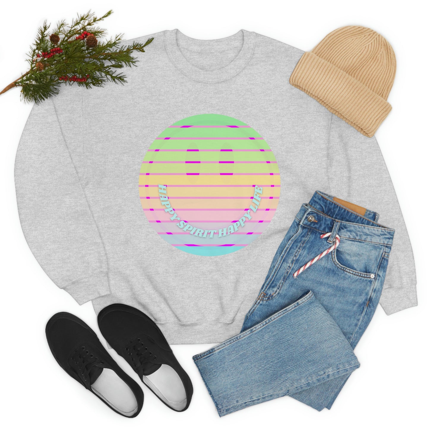 Happy Spirit Happy Life Sweatshirt, VSCO Girl Crewneck, Oversized Retro Font Graphic Tumblr, Front Print Smile Face Trendy Cover Up