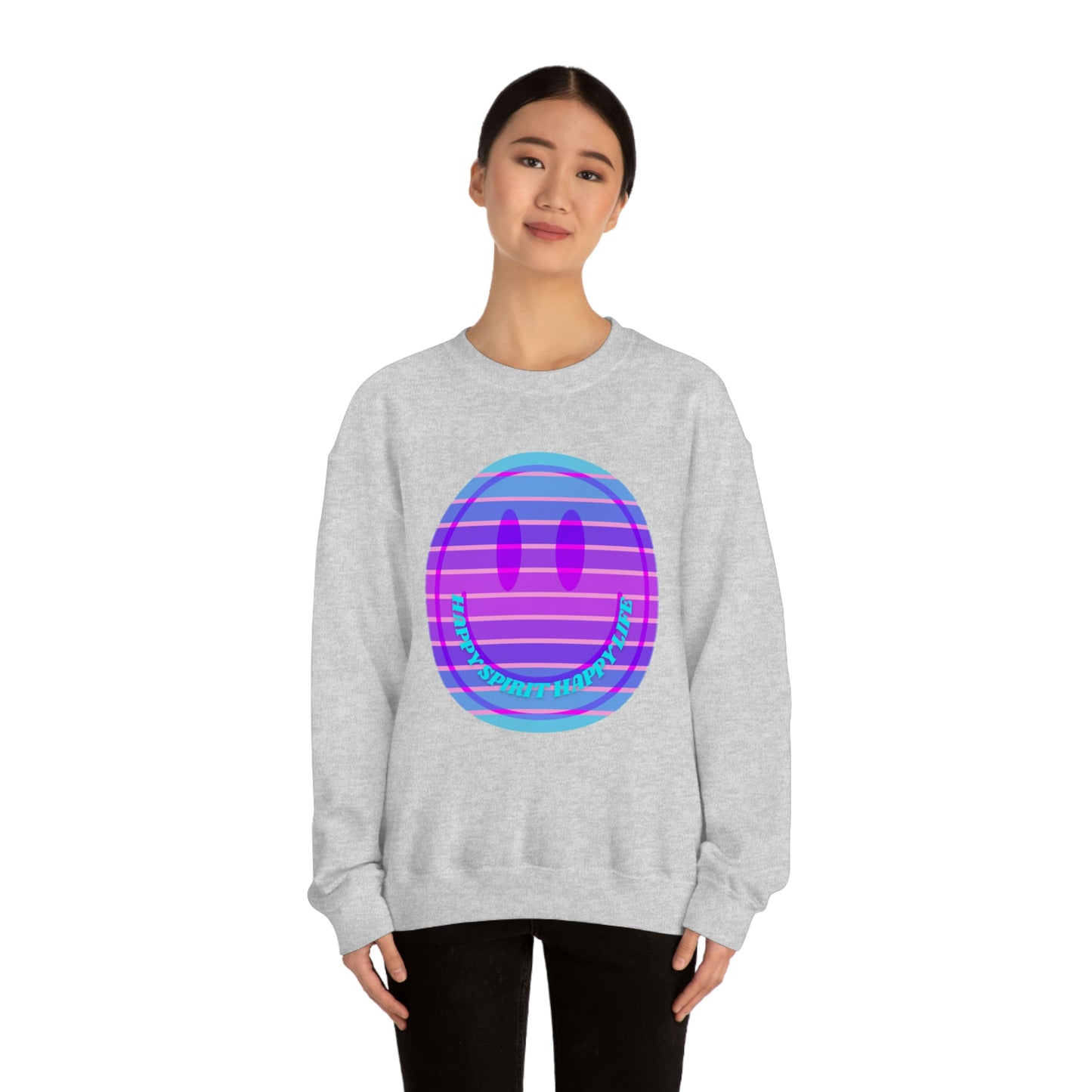 Happy Spirit Happy Life Sweatshirt, VSCO Girl Crewneck, Oversized Retro Font Graphic Tumblr, Front Print Smile Face Trendy Cover Up