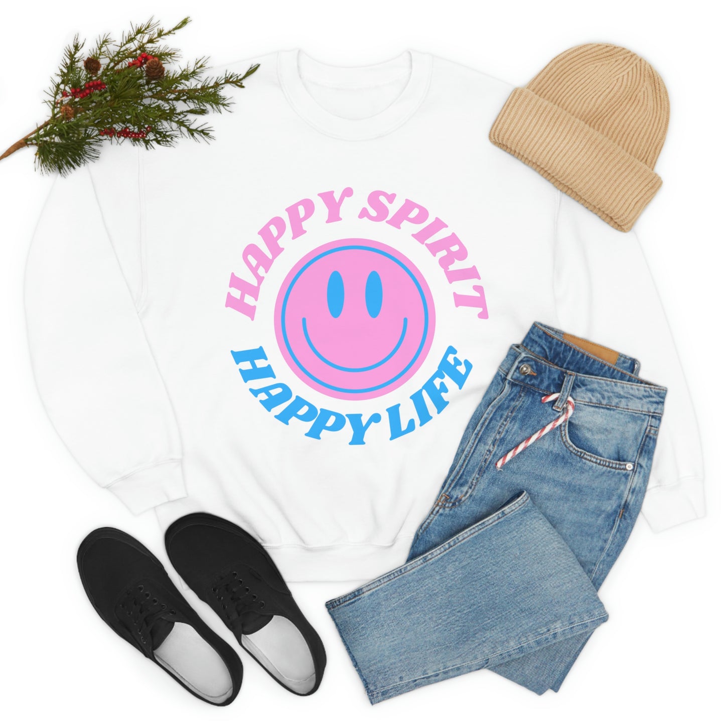 Happy Spirit Happy Life Sweatshirt, VSCO Girl Crewneck, Oversized Retro Font Graphic Tumblr, Front Print Smile Face Trendy Cover Up