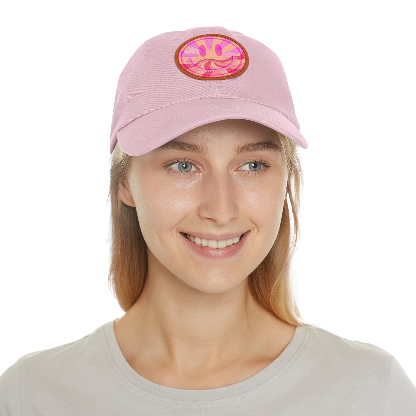 Aesthetic Pink Smile Hat, Pink Twill Dad Hat with Leather Patch (Round), Pink Golf Hat, Pink Twill Cap, Pink Cotton Hat, Pink Baseball Hat
