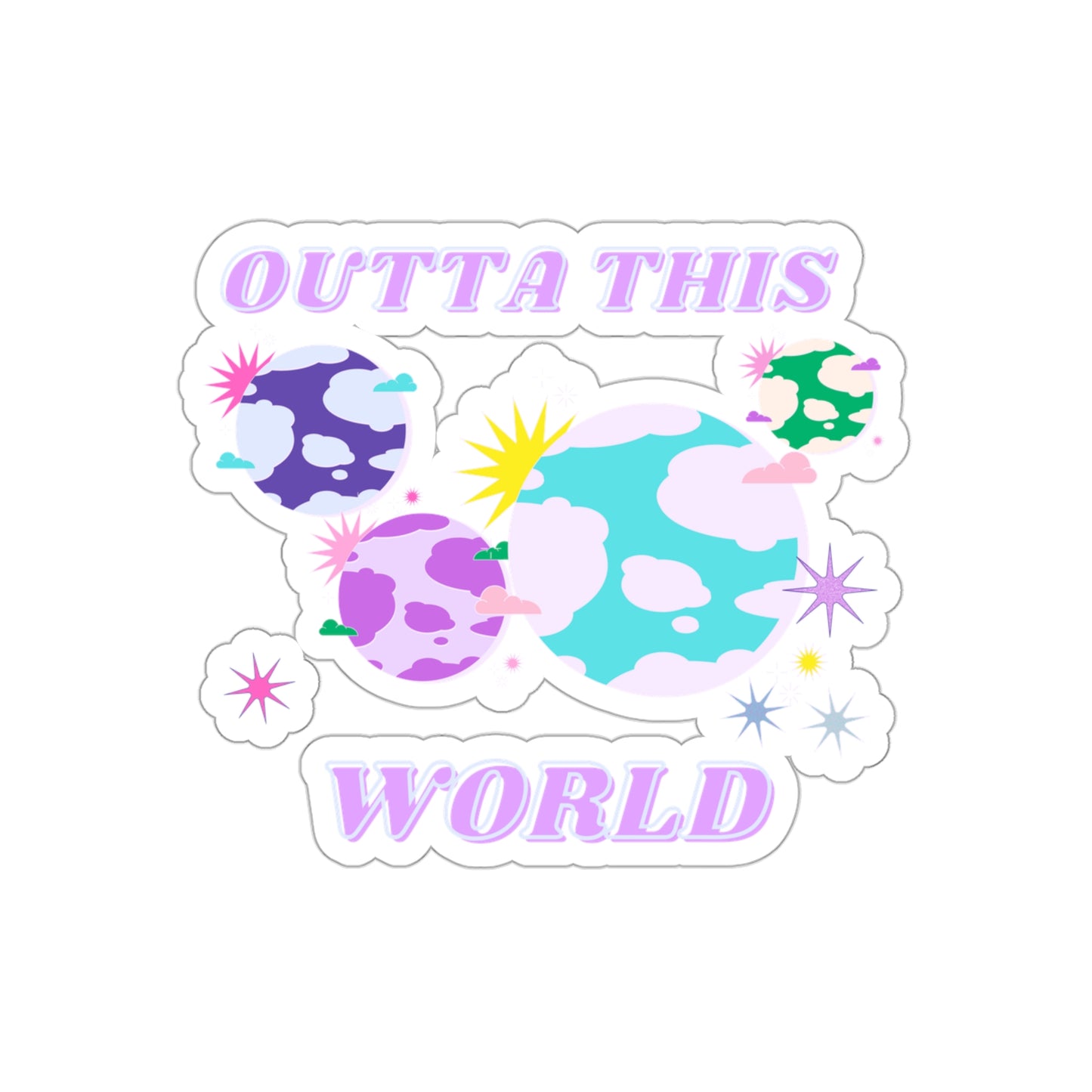 Retro Aesthetic Sticker Outta This World, Happy Mind Positivity Die-Cut Sticker, Pink Purple Galaxy Earth Smile Y2K Graphic