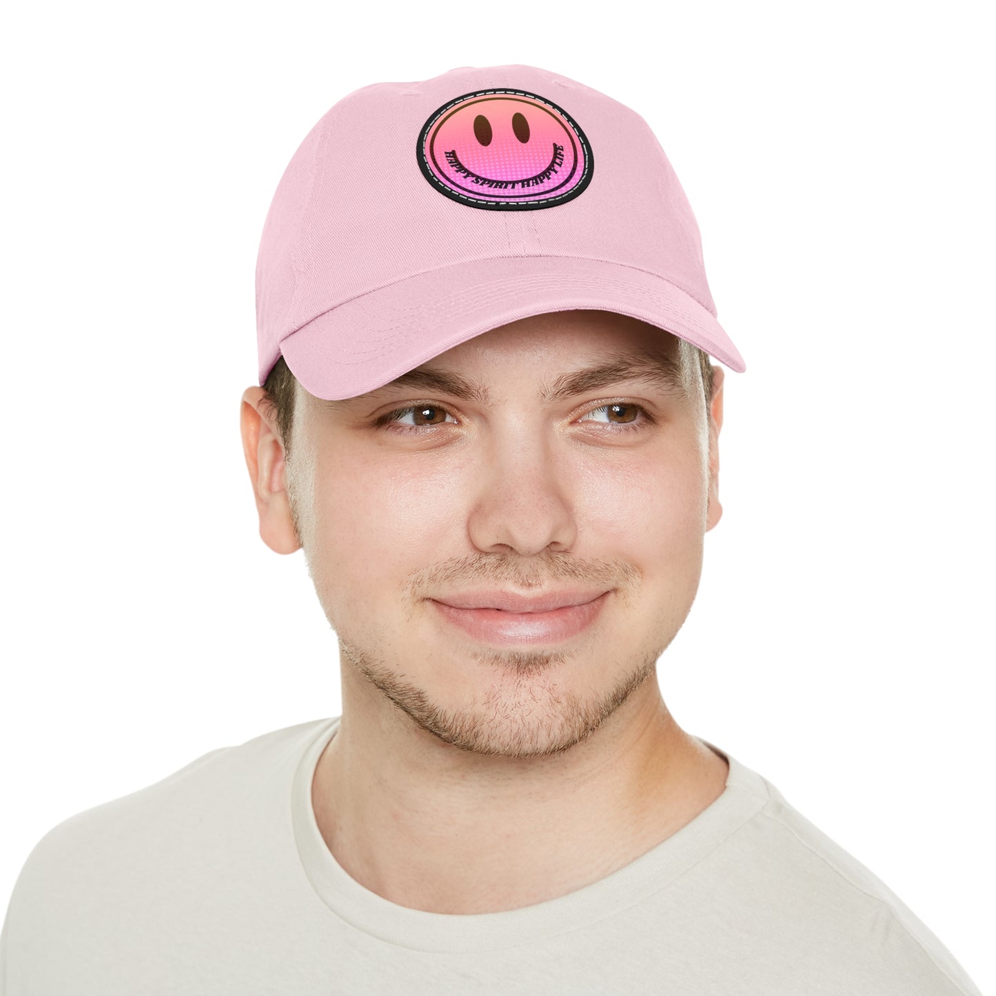 Aesthetic Pink Smile Hat, Pink Twill Dad Hat with Leather Patch (Round), Pink Golf Hat, Pink Twill Cap, Pink Cotton Hat, Pink Baseball Hat